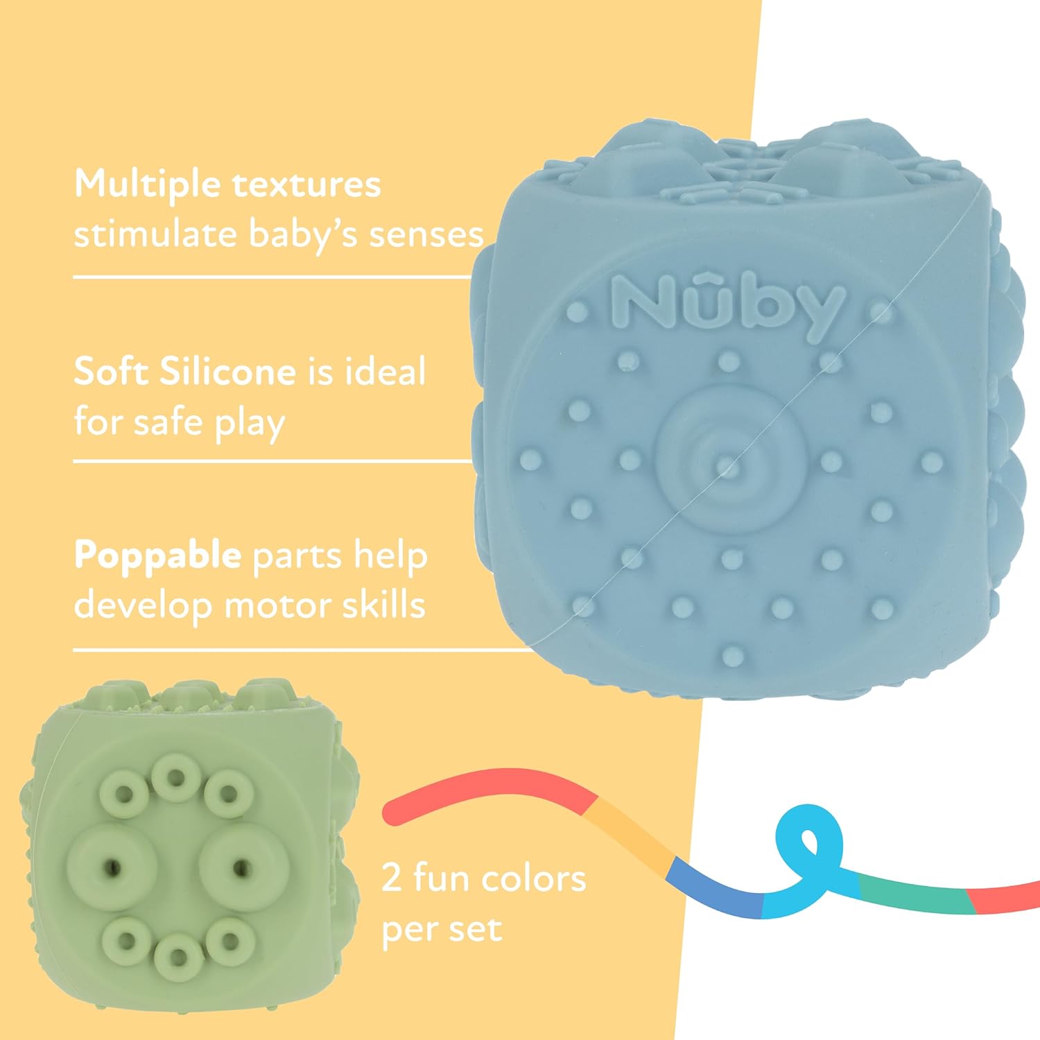 Nuby Silicone Block Poppers - (2-Pack) Interactive Baby Block Toy for Babies 10+ Months - Blue and Green - Image 4