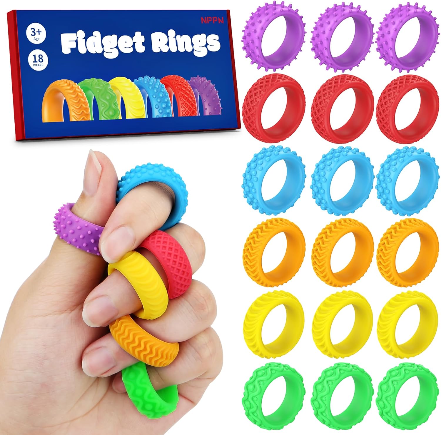 Sensory Toys Fidget Rings for Kids - 18 Pcs Chewable Silicone Quiet Classroom Fidget Toys Bulk, Spiky Small Anxiety Relief Items for ADHD Autism - Image 2
