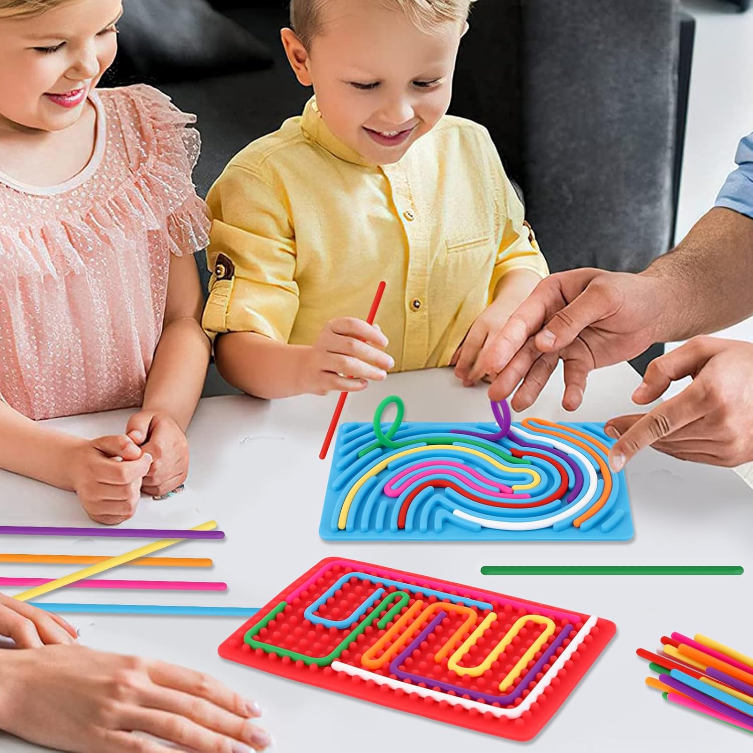 2pcs Sensory Activity Board, Double-Sided Silicone Fidget Toys for Kids 3+ & Adults, Sensory Toys for Anxiety, ADHD, Autism, Calming, Includes Travel Bag & 20 Strings, Red & Blue - Image 8