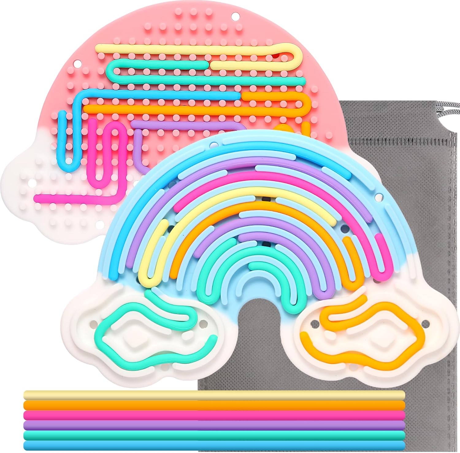 2pcs Fidget Toys Sensory Activity Board, Silicone Sensory Toys for Anxiety Autistic ADHD Calming, Kids 3+ & Adults, Travel Bag & 24 Strings, Rainbow (Pink & Blue) - Image 2
