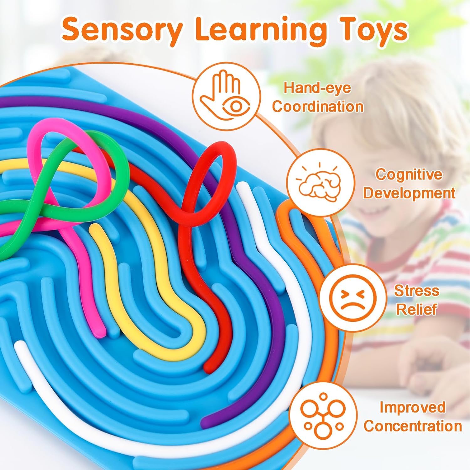 2pcs Sensory Activity Board, Double-Sided Silicone Fidget Toys for Kids 3+ & Adults, Sensory Toys for Anxiety, ADHD, Autism, Calming, Includes Travel Bag & 20 Strings, Red & Blue - Image 5