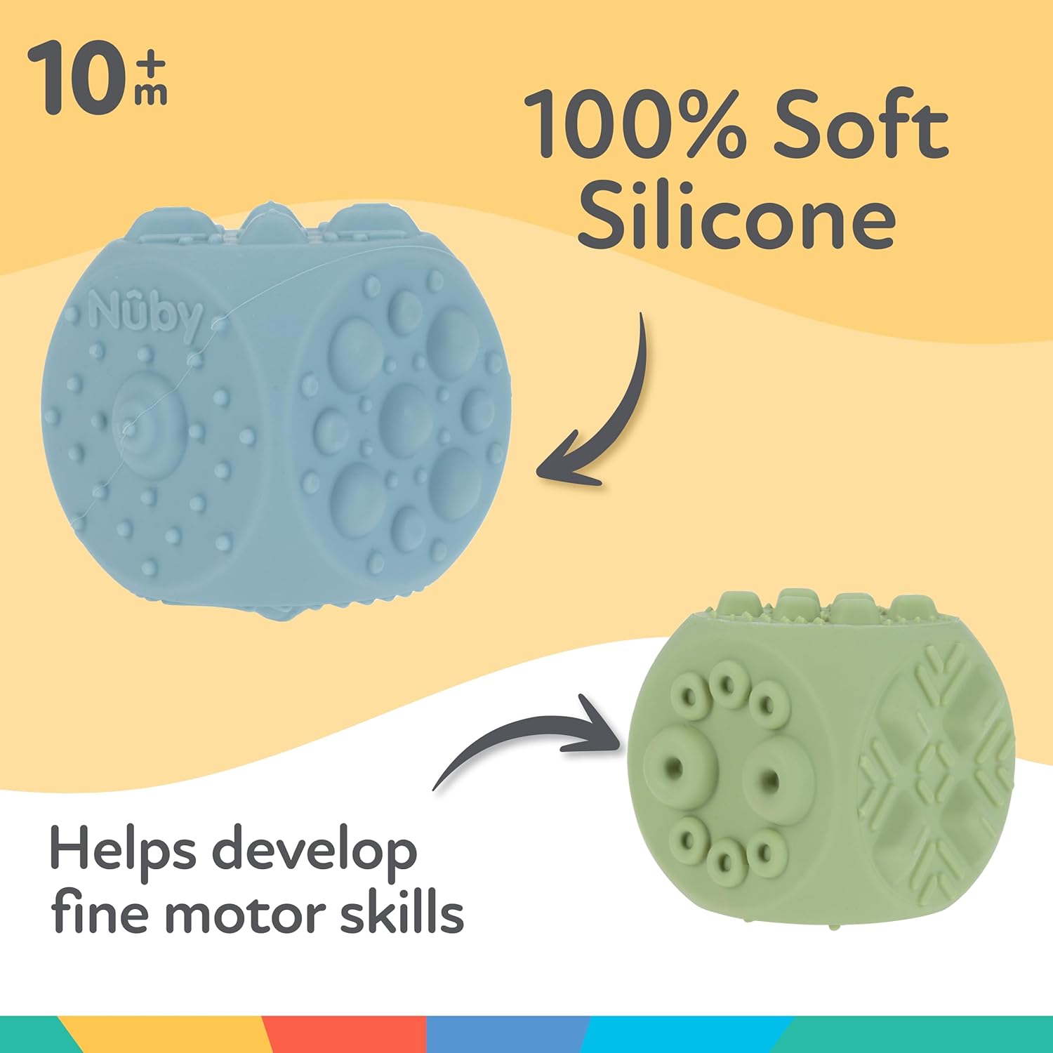 Nuby Silicone Block Poppers - (2-Pack) Interactive Baby Block Toy for Babies 10+ Months - Blue and Green - Image 3