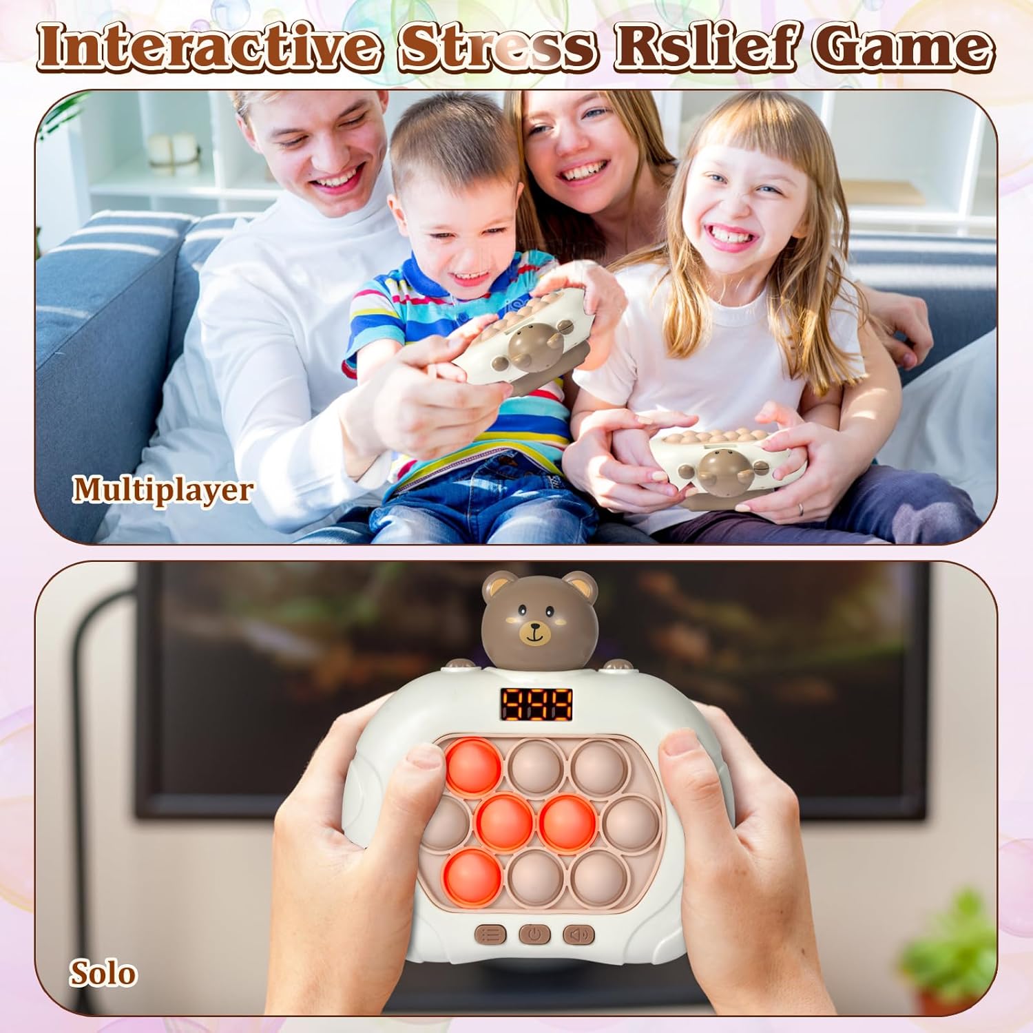 Pop Game Light Up Fidget Toys for Kids - Handheld Puzzle Sensory Toys with LED Screen, Fast Push Bubble Game Christmas Birthday Gift for Kids Ages 3-12 (Bronw) - Image 7