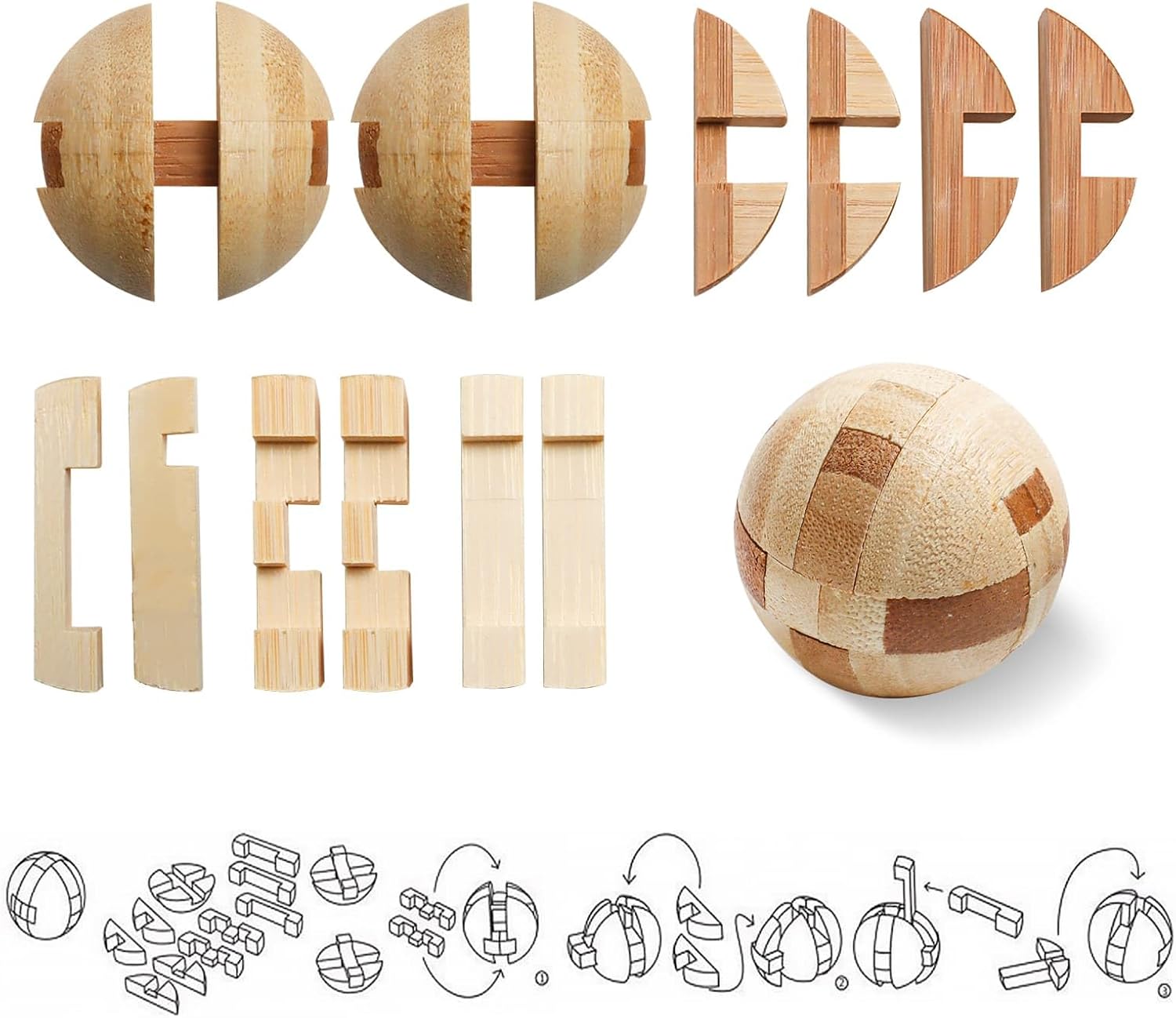 4 Pack Wooden Puzzle Games Brain Teasers Toy- 3D Puzzles for Teens and Adults - Wooden Logic Puzzle Wood Snake Cube Magic Cube Magic Ball Brain Teaser Intellectual Removing Assembling Toy - Image 6