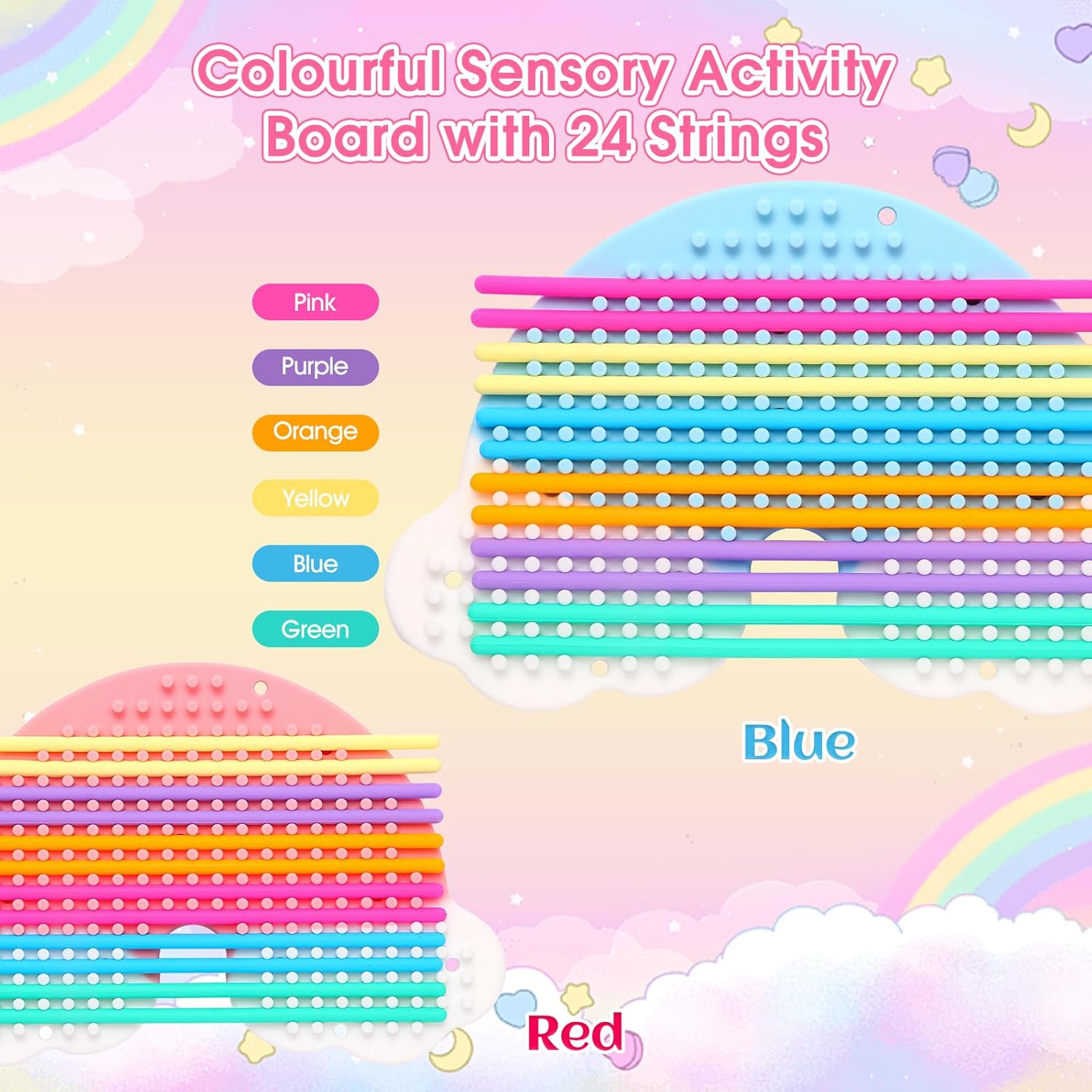 2pcs Fidget Toys Sensory Activity Board, Silicone Sensory Toys for Anxiety Autistic ADHD Calming, Kids 3+ & Adults, Travel Bag & 24 Strings, Rainbow (Pink & Blue) - Image 5