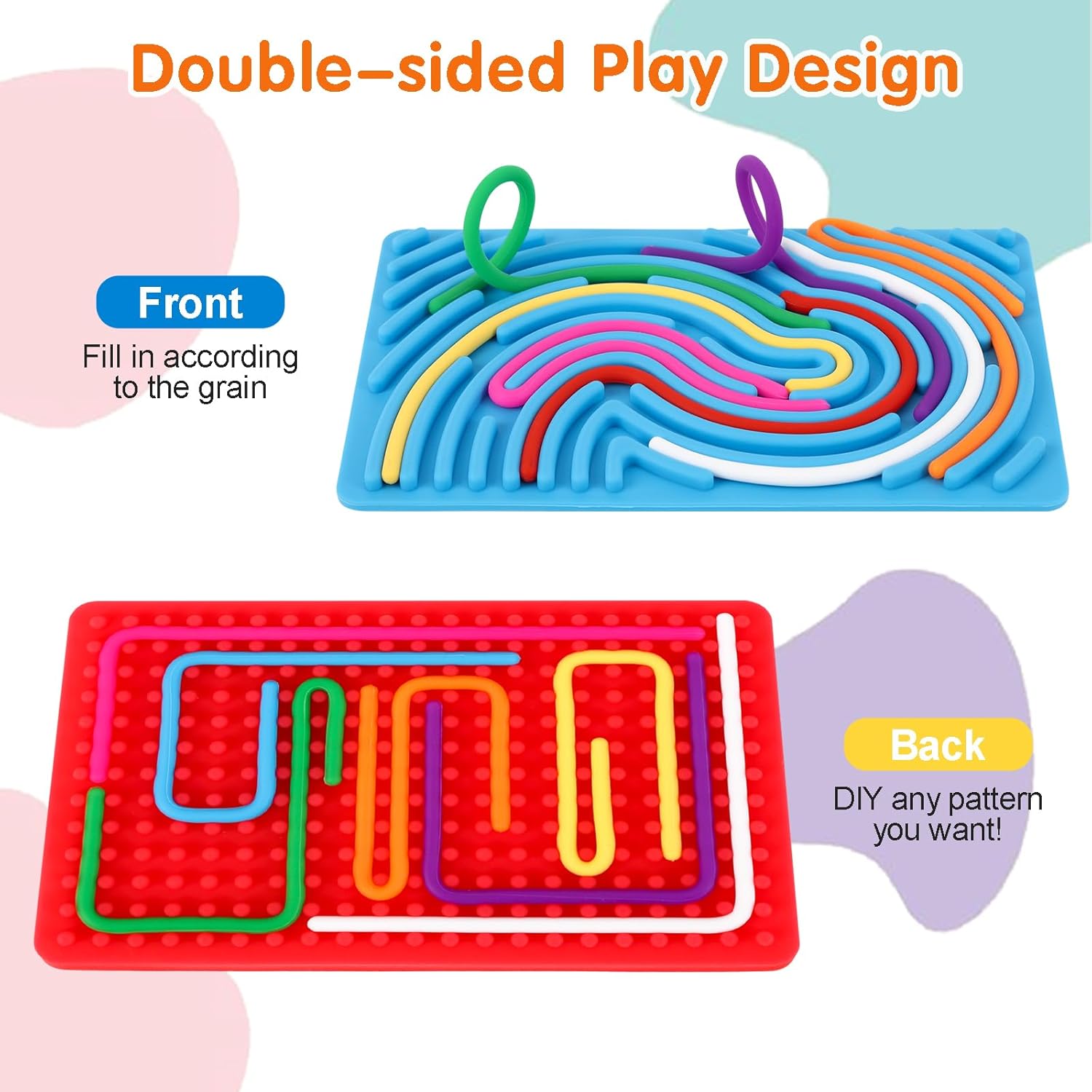 2pcs Sensory Activity Board, Double-Sided Silicone Fidget Toys for Kids 3+ & Adults, Sensory Toys for Anxiety, ADHD, Autism, Calming, Includes Travel Bag & 20 Strings, Red & Blue - Image 3