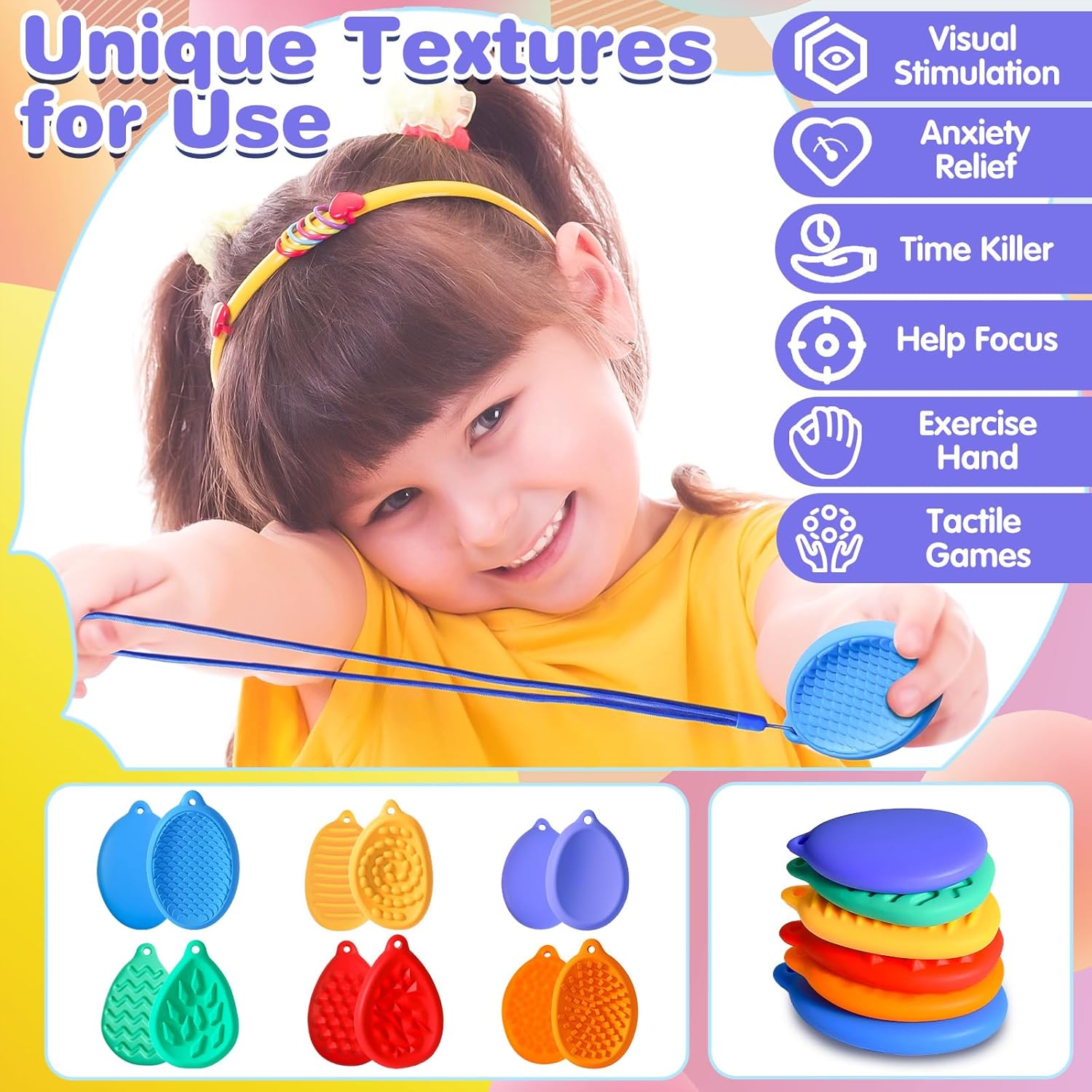 Worry Stones for Kids with Lanyard, 6 Pack Textured Soft Sensory Stone for Autism Kids Calming Finger Fidget Toys for Classroom Prize Stocking Stuffers - Image 5