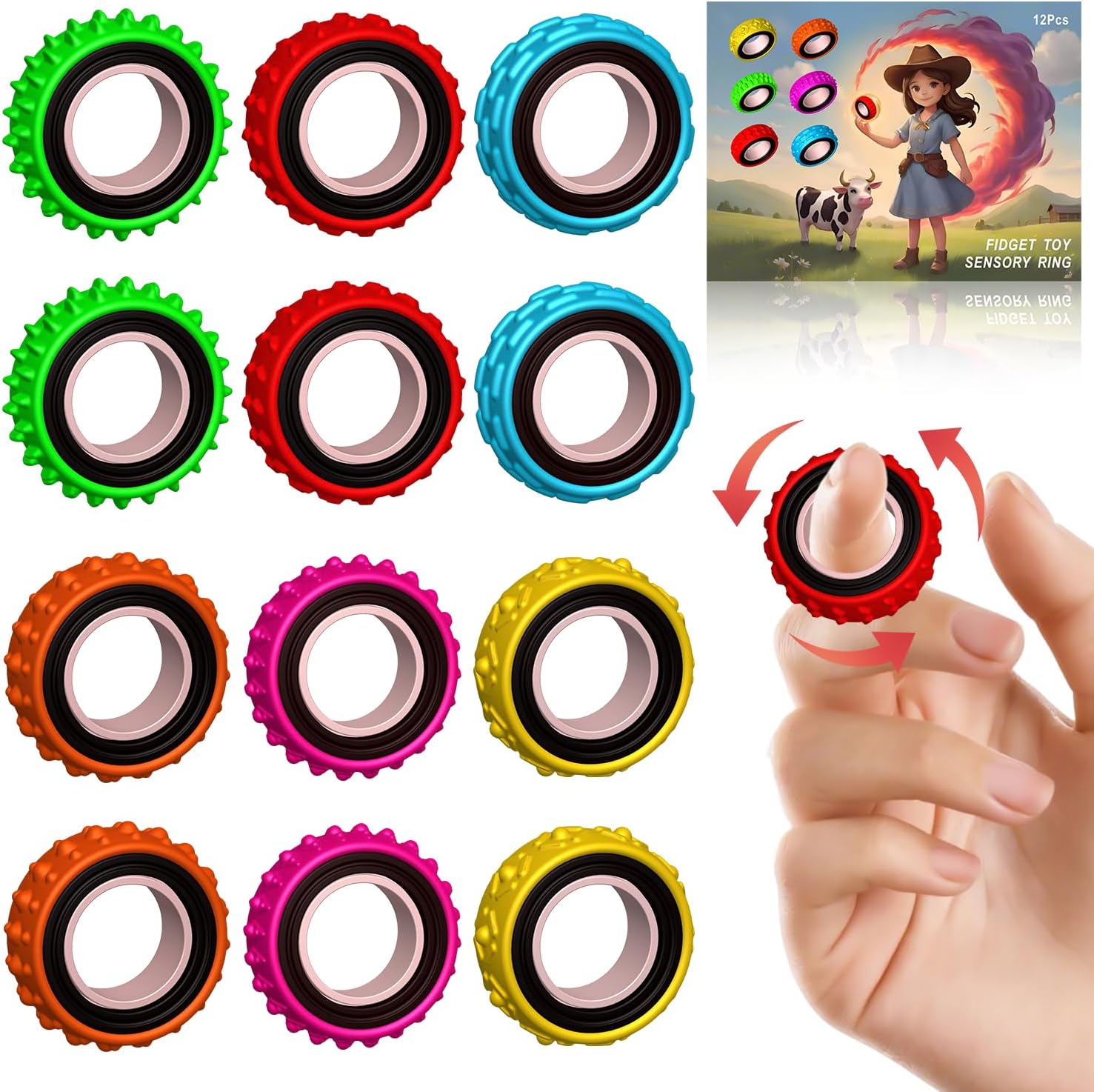 Sensory Toys Fidget Rings for Kids,Finger Spinner Rings,Texture Stress Toys for Kids Autism Calming,Quiet Desk Fidgets for Classroom Anxiety Office for Teens,Pain Stim Stress Relief Sensory Rings(12) - Image 2