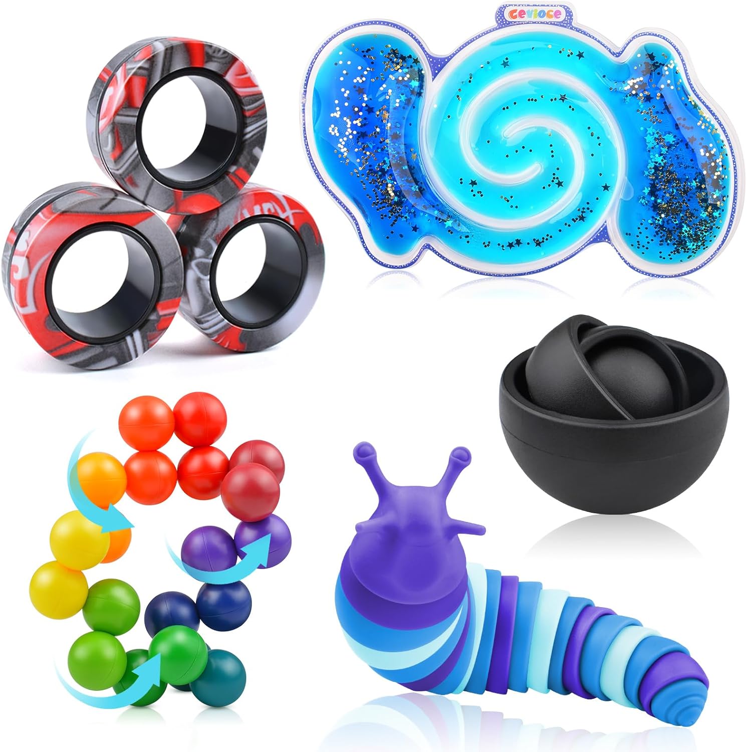 Cevioce 5Pcs Fidget Toys Adults Pack,Stocking Stuffers for Teens Boys Girls,Autism Sensory Toys with Fidget Spinner Slug Magnetic Rings,Squishy Fidget Toys ADHD Stress Relief, for Kid-B - Image 2