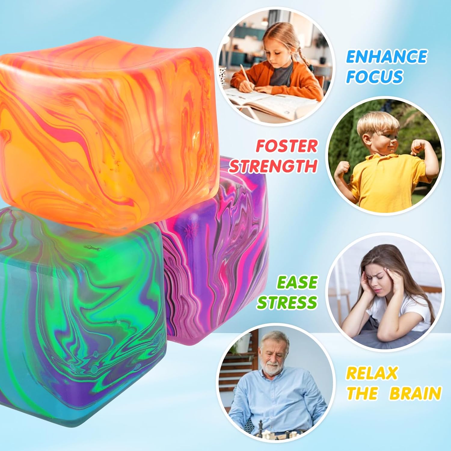 Fidget Toys Squishy Stress Cube, Stress Balls for Kids Adults Squishies Stress Relief, Ice Squishy Cube Sugar Balls, Sensory Toys for Kids with Autism, Fidgets for Classroom Prize Toys (Orange) - Image 3
