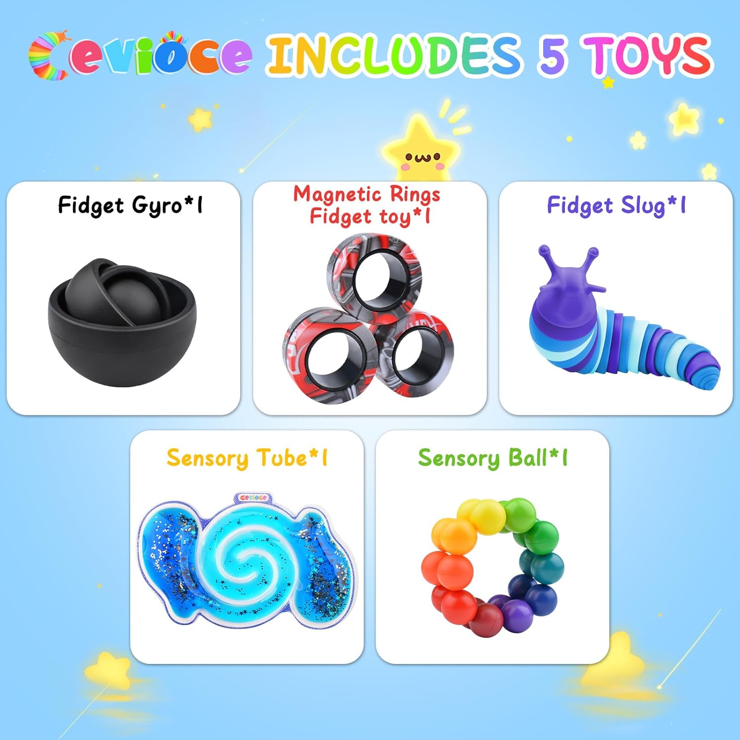 Cevioce 5Pcs Fidget Toys Adults Pack,Stocking Stuffers for Teens Boys Girls,Autism Sensory Toys with Fidget Spinner Slug Magnetic Rings,Squishy Fidget Toys ADHD Stress Relief, for Kid-B - Image 3