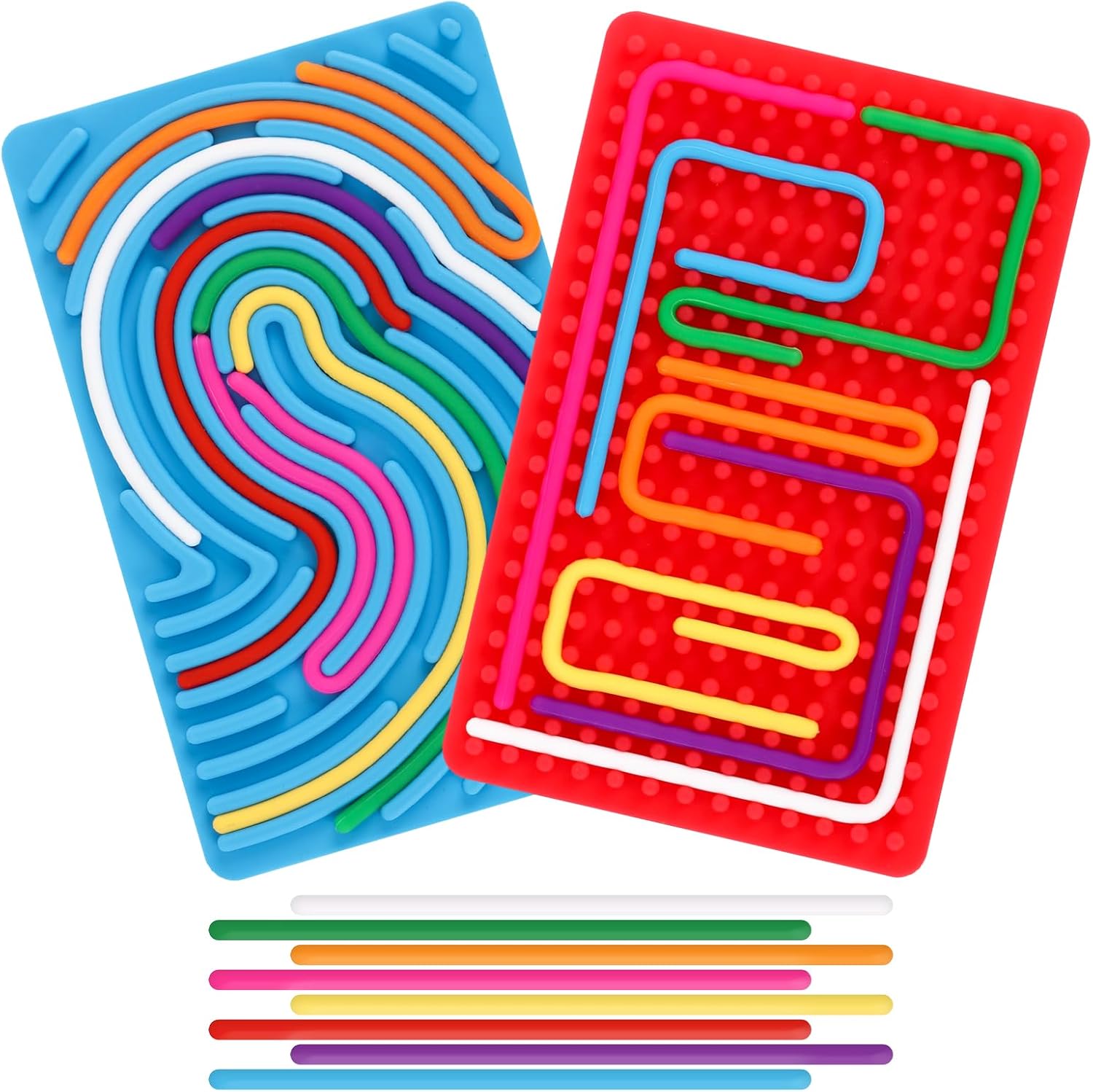 2pcs Sensory Activity Board, Double-Sided Silicone Fidget Toys for Kids 3+ & Adults, Sensory Toys for Anxiety, ADHD, Autism, Calming, Includes Travel Bag & 20 Strings, Red & Blue - Image 2