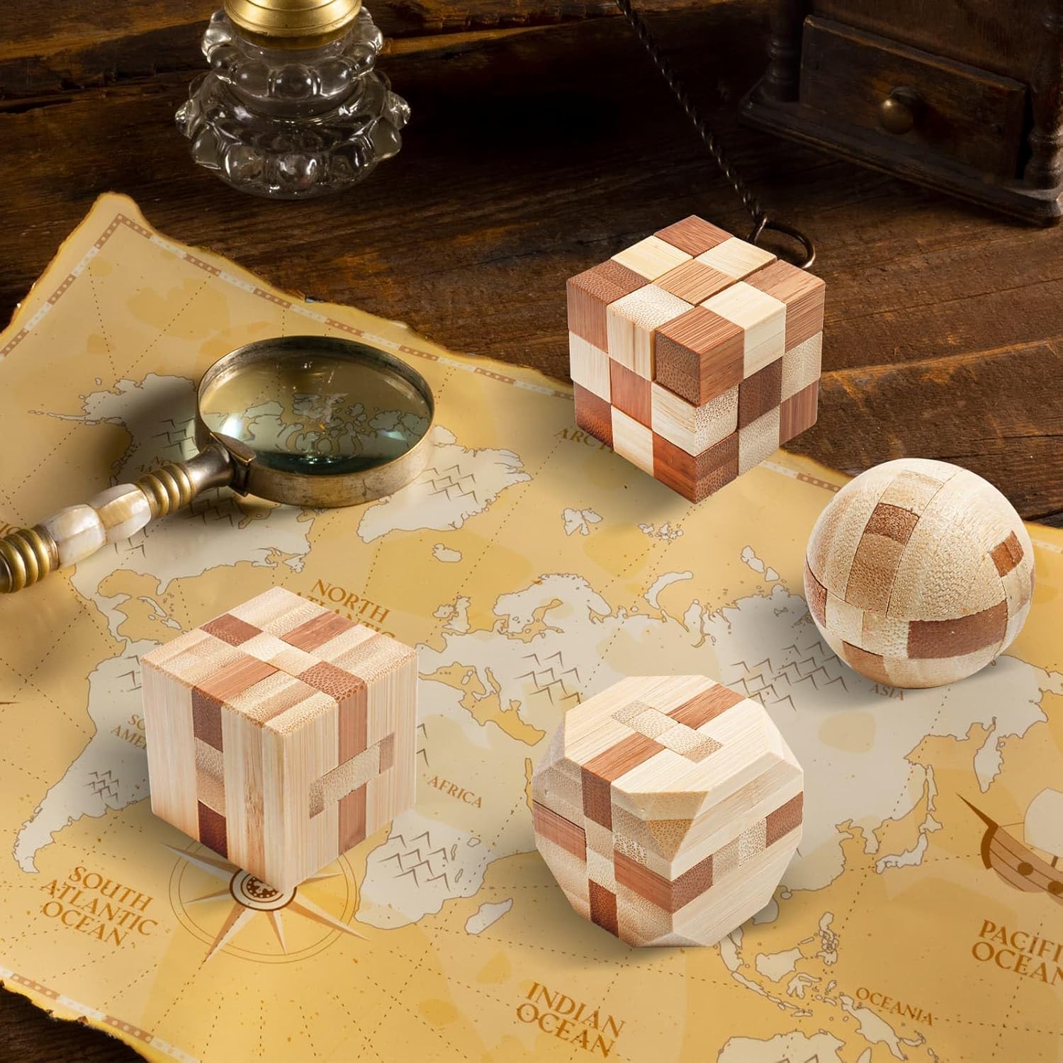 4 Pack Wooden Puzzle Games Brain Teasers Toy- 3D Puzzles for Teens and Adults - Wooden Logic Puzzle Wood Snake Cube Magic Cube Magic Ball Brain Teaser Intellectual Removing Assembling Toy - Image 9