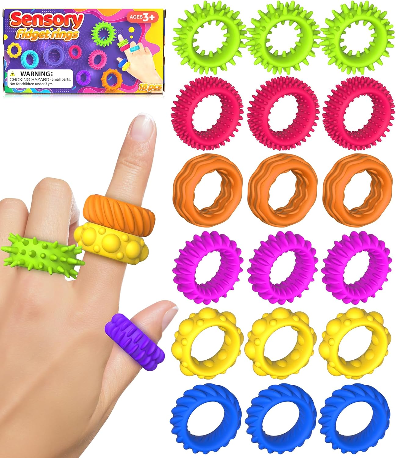 Fidget Toys Sensory Rings for Kids: Fidget Ring 18 Pack - Sensory Toys for Kids with Autism - Quiet Anxiety Fidgets Bulk for Classroom Prize - Image 2