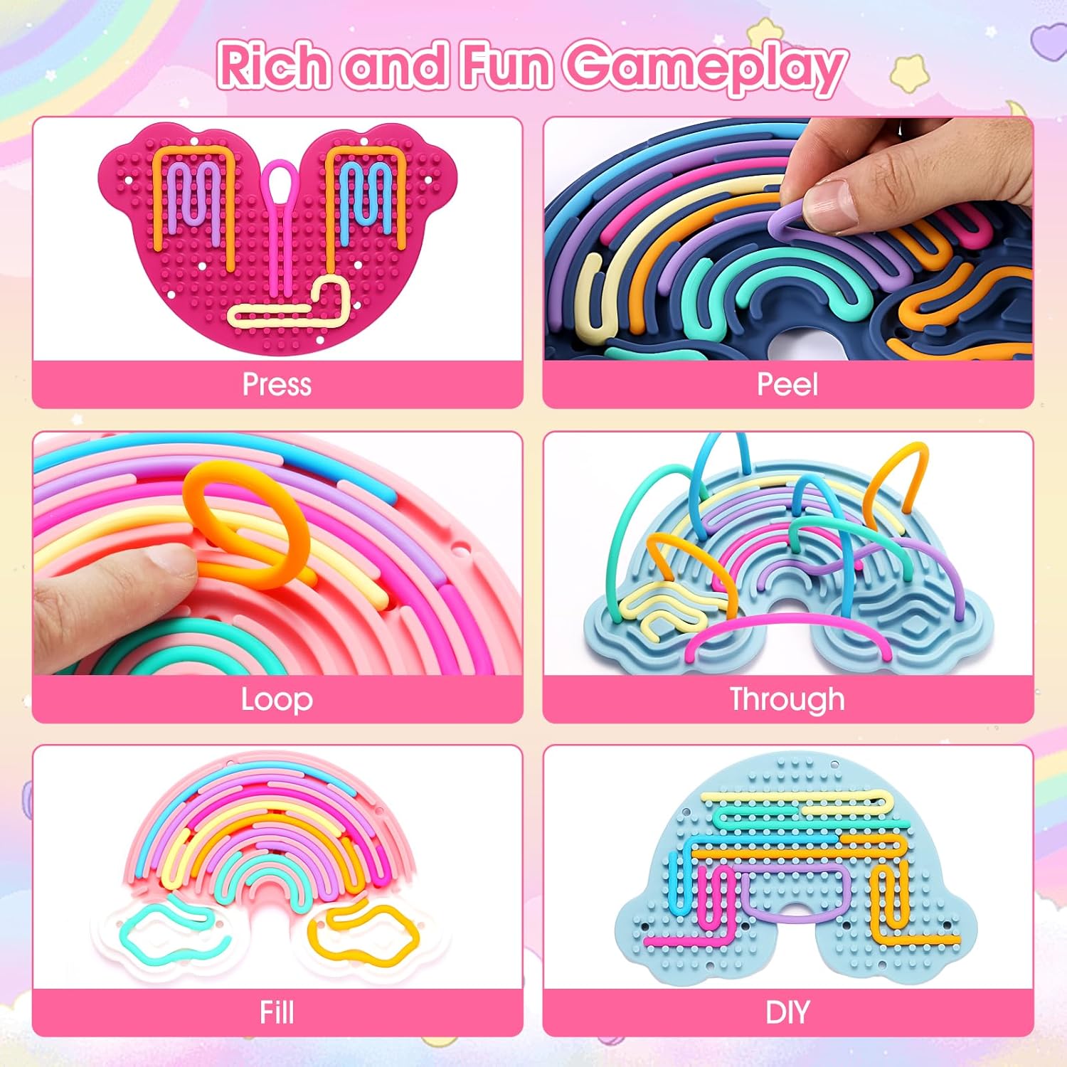 2pcs Fidget Toys Sensory Activity Board, Silicone Sensory Toys for Anxiety Autistic ADHD Calming, Kids 3+ & Adults, Travel Bag & 24 Strings, Rainbow (Pink & Blue) - Image 3