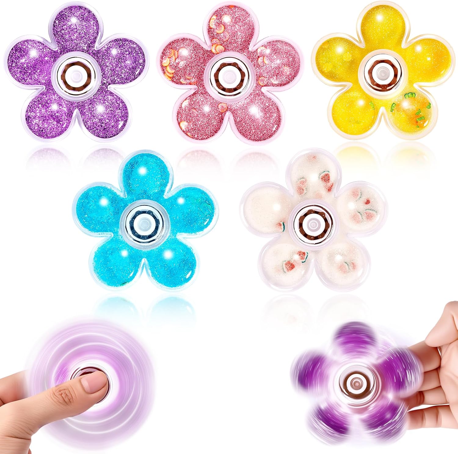 5 Pack Fidget Spinner, Glitter Liquid Sensory Spinner Toy for Kids & Adults – Sensory Toy for Focus, Stress Relief & Fidgeting – Anxiety Toy for School Classroom Prizes, Anxiety ADHD - Image 2