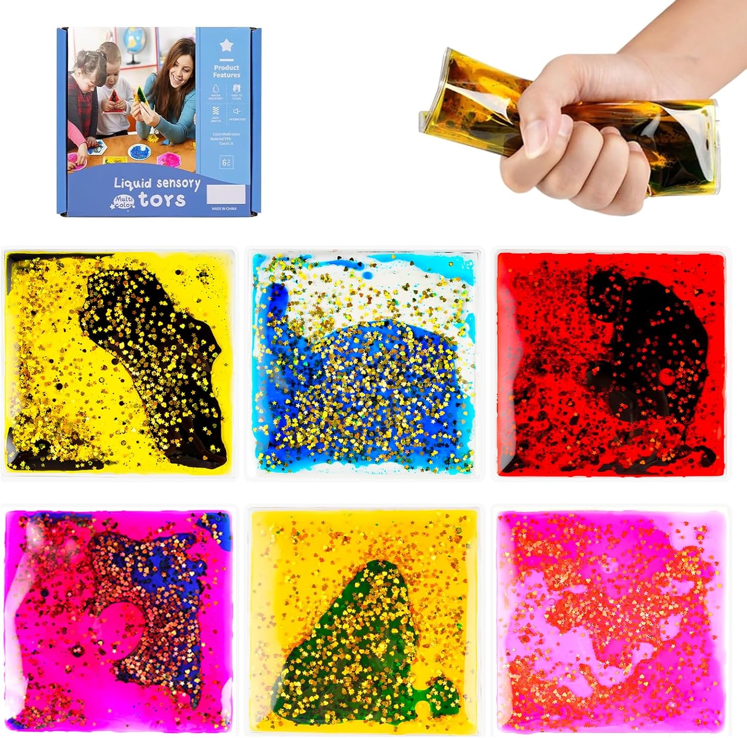 Sensory Soft Gel Liquid Toys: Water Sensory Fidget Toys Square Sensory Toys for Autistic Children 6-Pack - Image 2