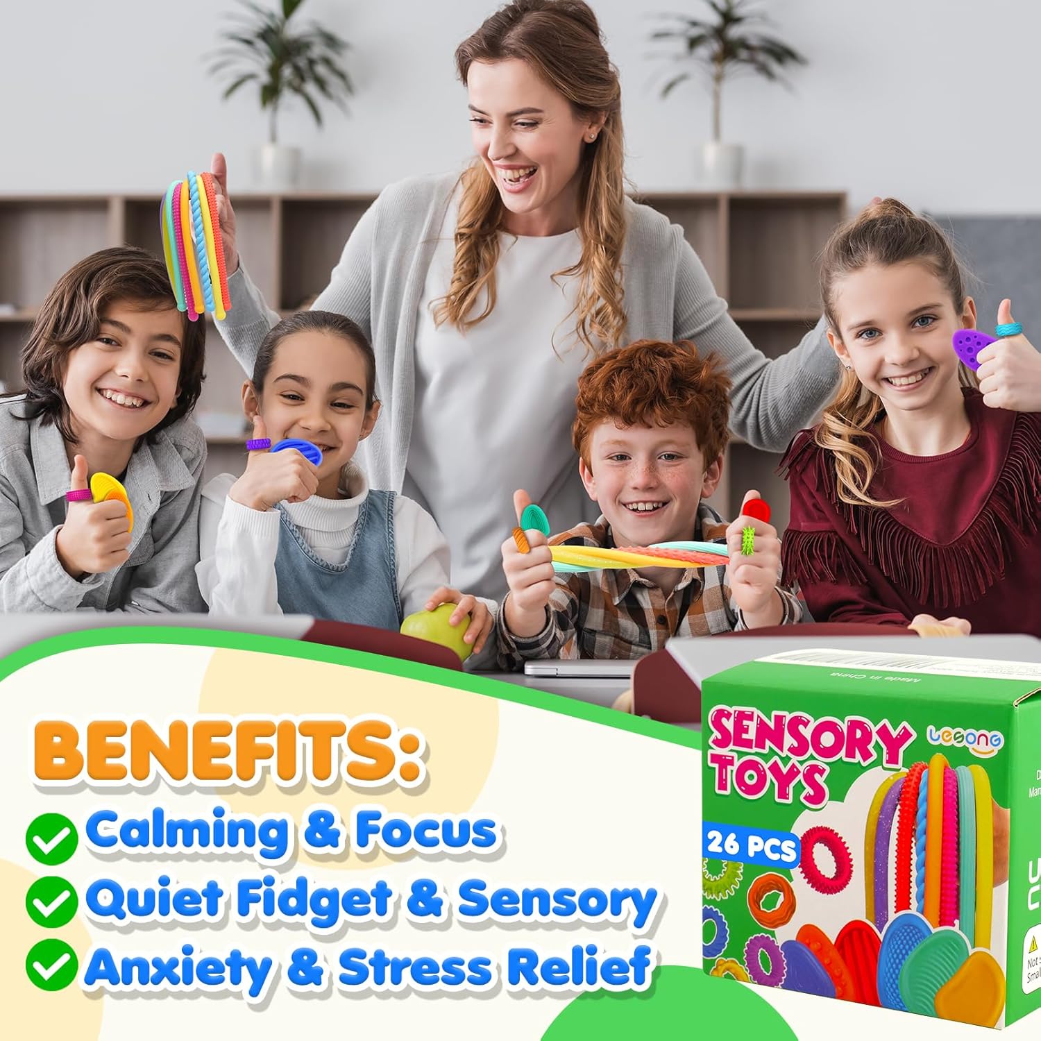 Fidget Sensory Toys for Kids: 26 Pack Quiet Squishy Fidgets for Classroom Students Prizes- Textured Soft Fidget Rings Stretchy Strings for Autism Calming Down - Office Desk Toddler Travel Treasure Box - Image 4