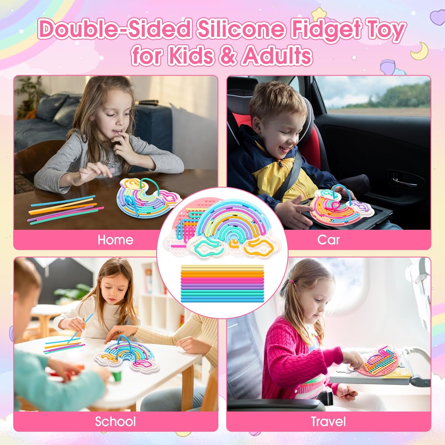 2pcs Fidget Toys Sensory Activity Board, Silicone Sensory Toys for Anxiety Autistic ADHD Calming, Kids 3+ & Adults, Travel Bag & 24 Strings, Rainbow (Pink & Blue) - Image 6