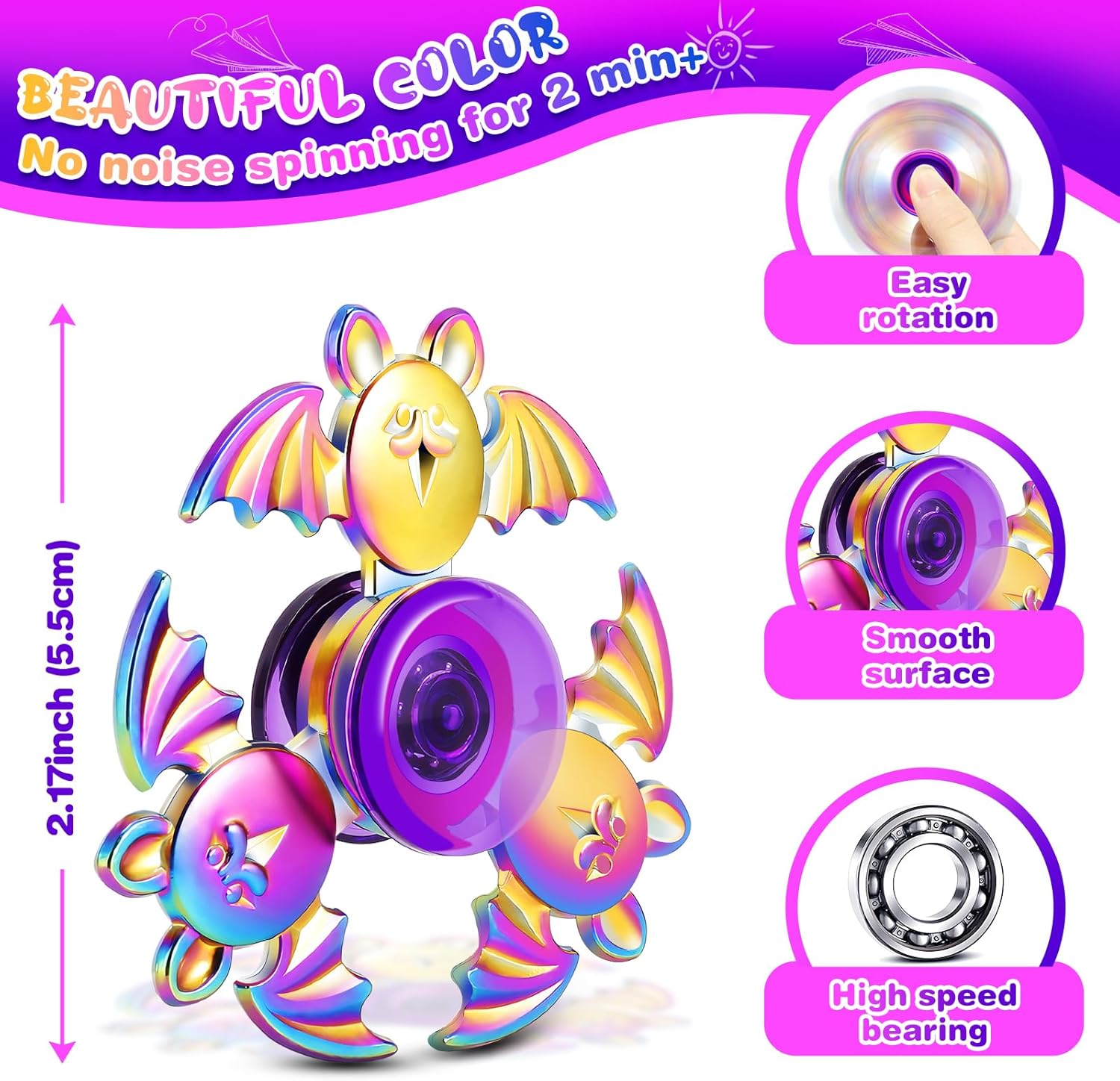 6-Pack Metal Fidget Spinner Toys for Kids and Adults – Durable Rainbow Finger Toys for Focus, Stress Relief, ADHD & Anxiety – Premium Hand Spinners with Unique Designs – Great Party Favors & Gifts - Image 3