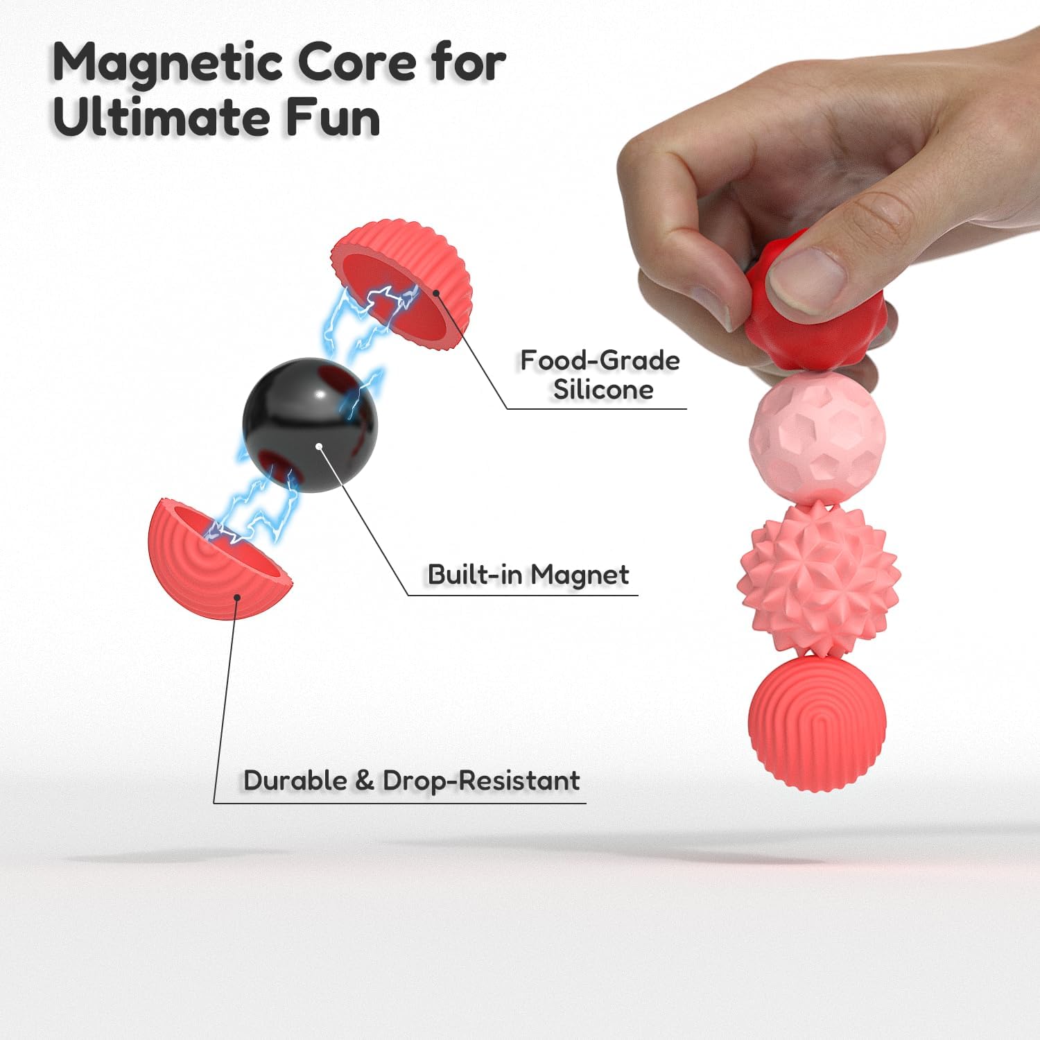 Magnetic Sensory Fidget Ball Toy Silicone-Coated Stress Relief Balls Ideal for Adults Teens Relieve Stress Boost Focus (Pink) - Image 5