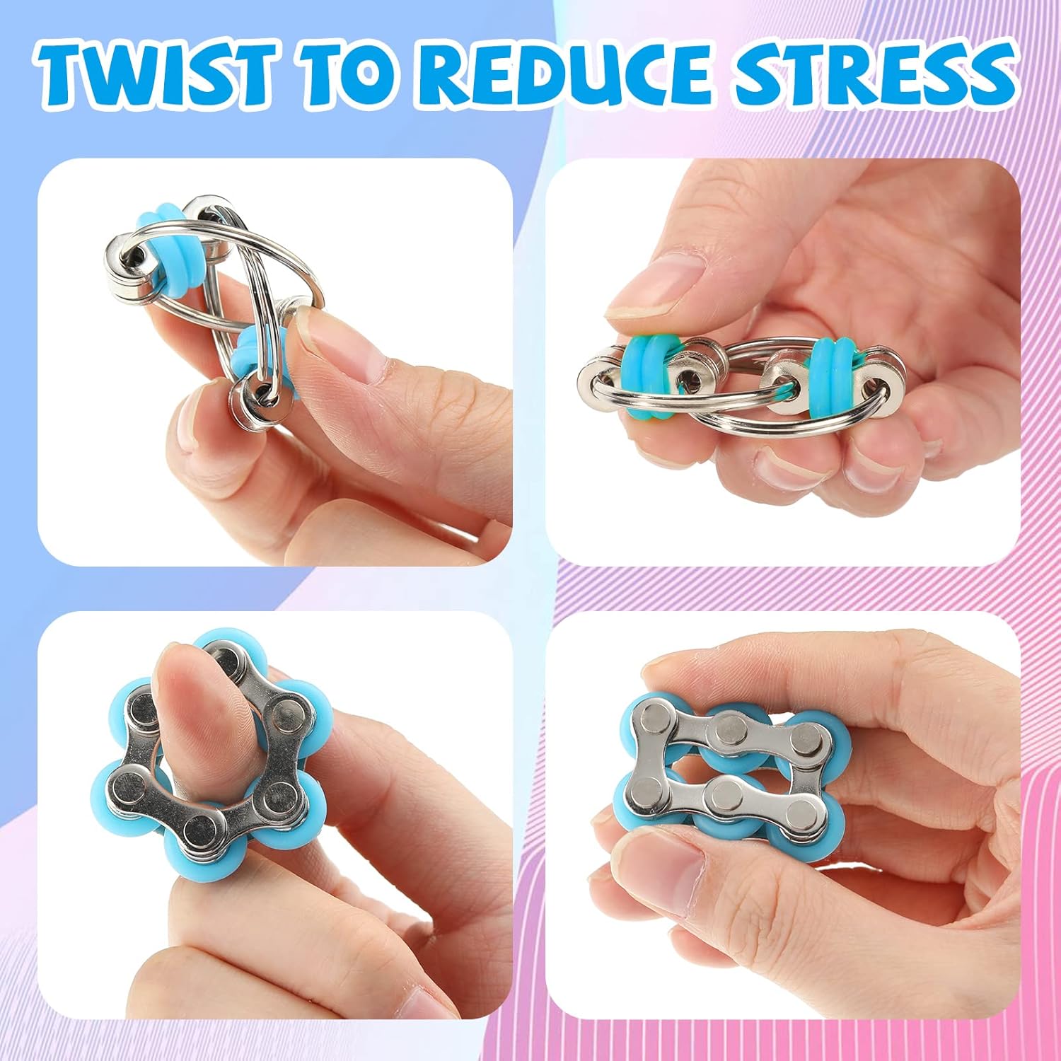 CHENGU 16 Pcs Fidget Toys Set Include 8 Six Roller Chain and 8 Key Flippy Chain Stress Reducer Anxiety Relief Bike Toys for Teens Adults ADHD, Add, Autism (Bright) - Image 5