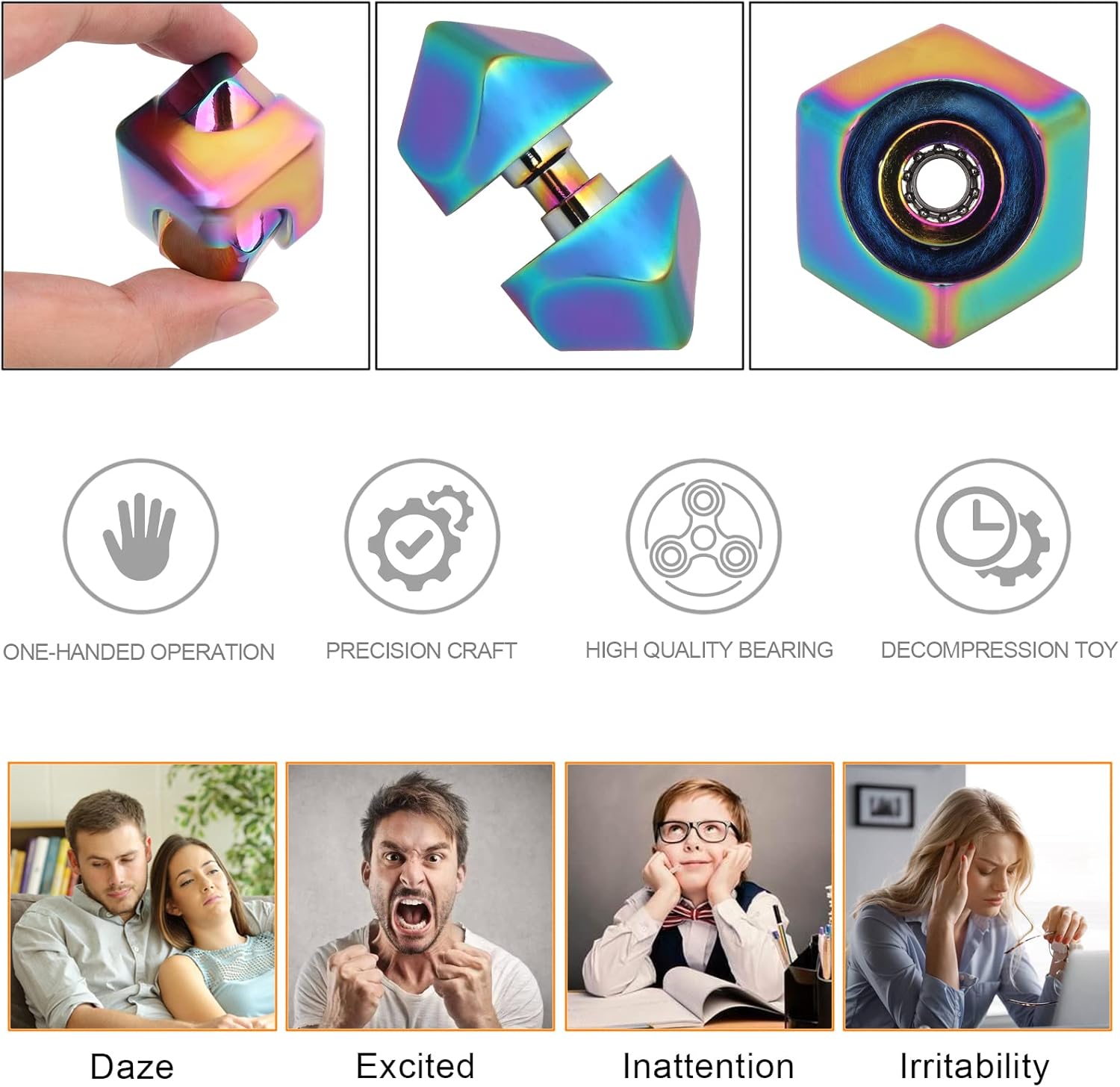 QLKUNLA Fidget Cube Spinner Anti-Anxiety Focusing Fidget Toys EDC Fidgets Spinner 4-in-1 Toy Metallic Focus Toy Cube Finger Top Desktop ADHD Stress Relieve Toys for Kids and Adults (Blue) - Image 4
