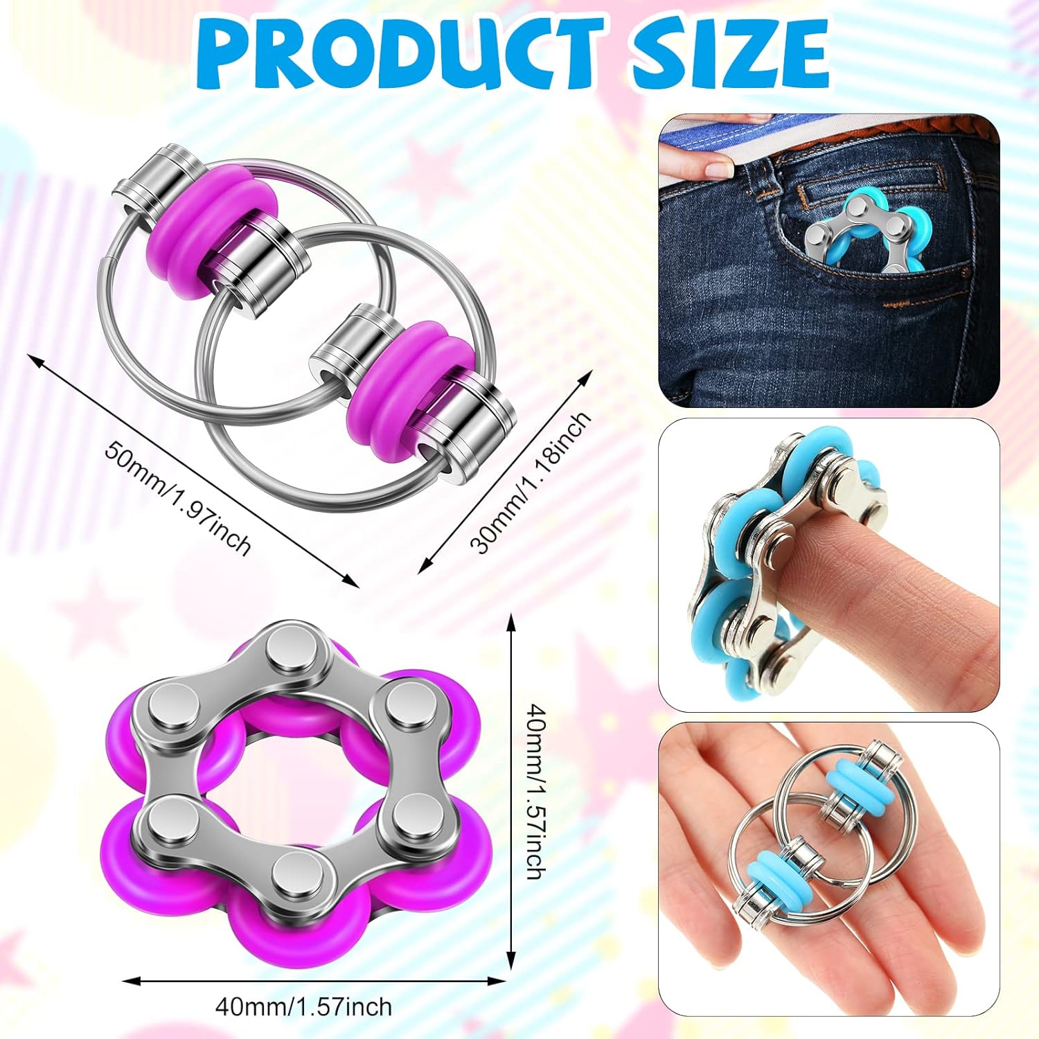 CHENGU 16 Pcs Fidget Toys Set Include 8 Six Roller Chain and 8 Key Flippy Chain Stress Reducer Anxiety Relief Bike Toys for Teens Adults ADHD, Add, Autism (Bright) - Image 3
