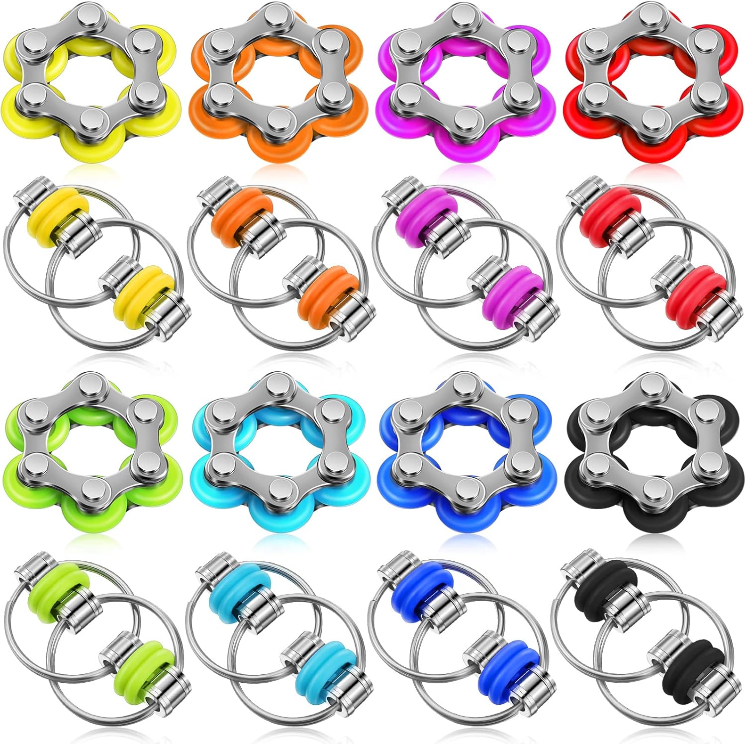 CHENGU 16 Pcs Fidget Toys Set Include 8 Six Roller Chain and 8 Key Flippy Chain Stress Reducer Anxiety Relief Bike Toys for Teens Adults ADHD, Add, Autism (Bright) - Image 2