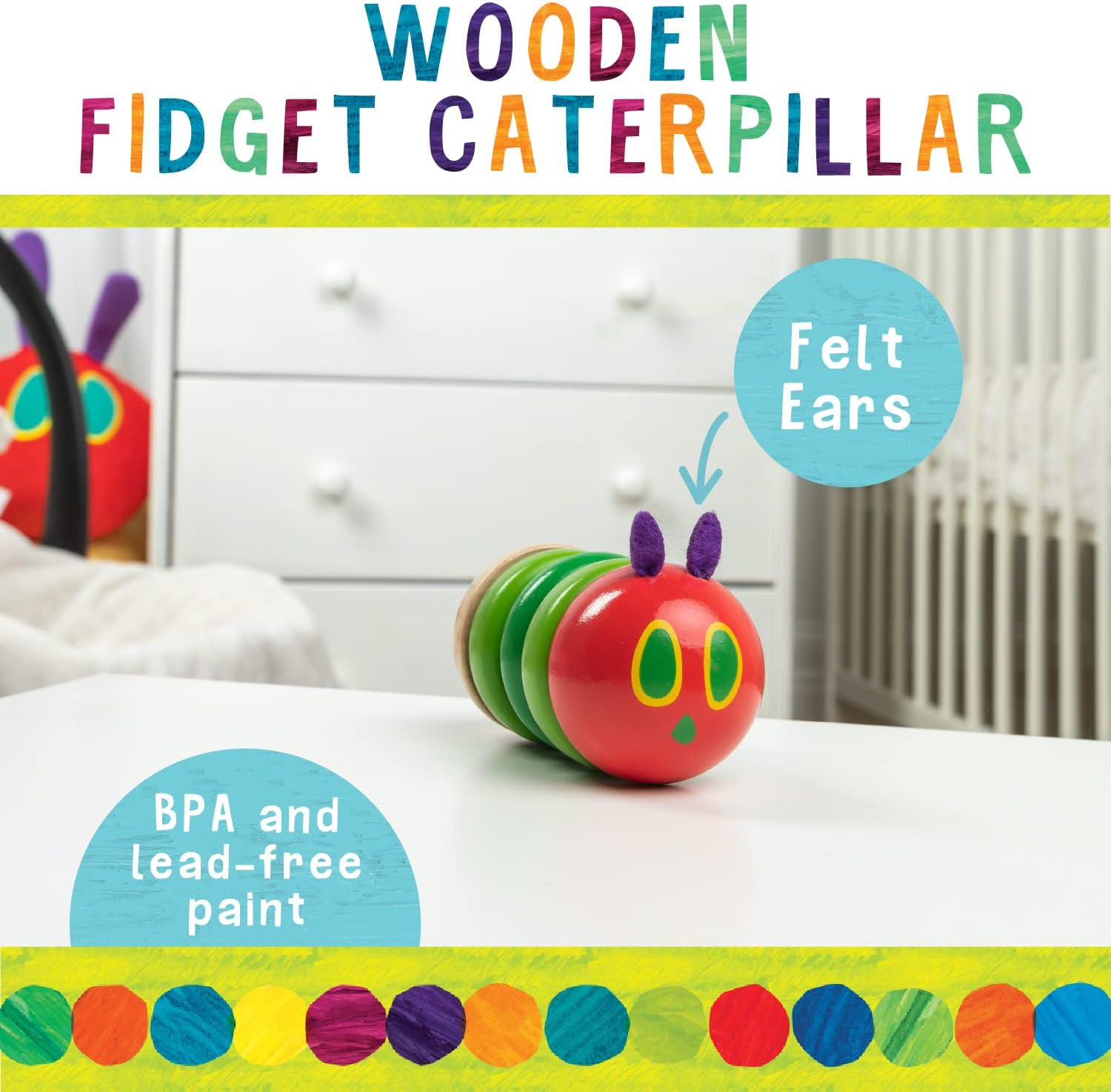 Kids Preferred World of Eric Carle The Very Hungry Caterpillar Newborn Wooden Fidget Toy, Baby Sensory Caterpillar Shaker Rattle for Infants, Babies, and Toddlers - Image 3