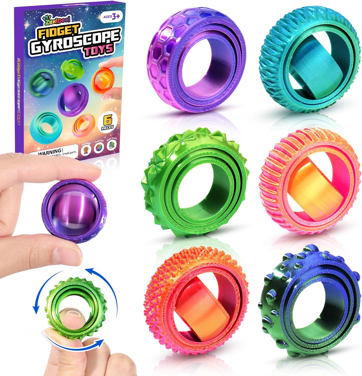 Fidget Toys Gyroscope for Kids Adults: 3D Printed Pain Stim Spinner Rings for Classroom- 6 Pack Sensory Silent Fidget for Kids Autism ADHD Stress Relief- Quiet Fidgets for Anxiety Stocking Stuffers - Image 2