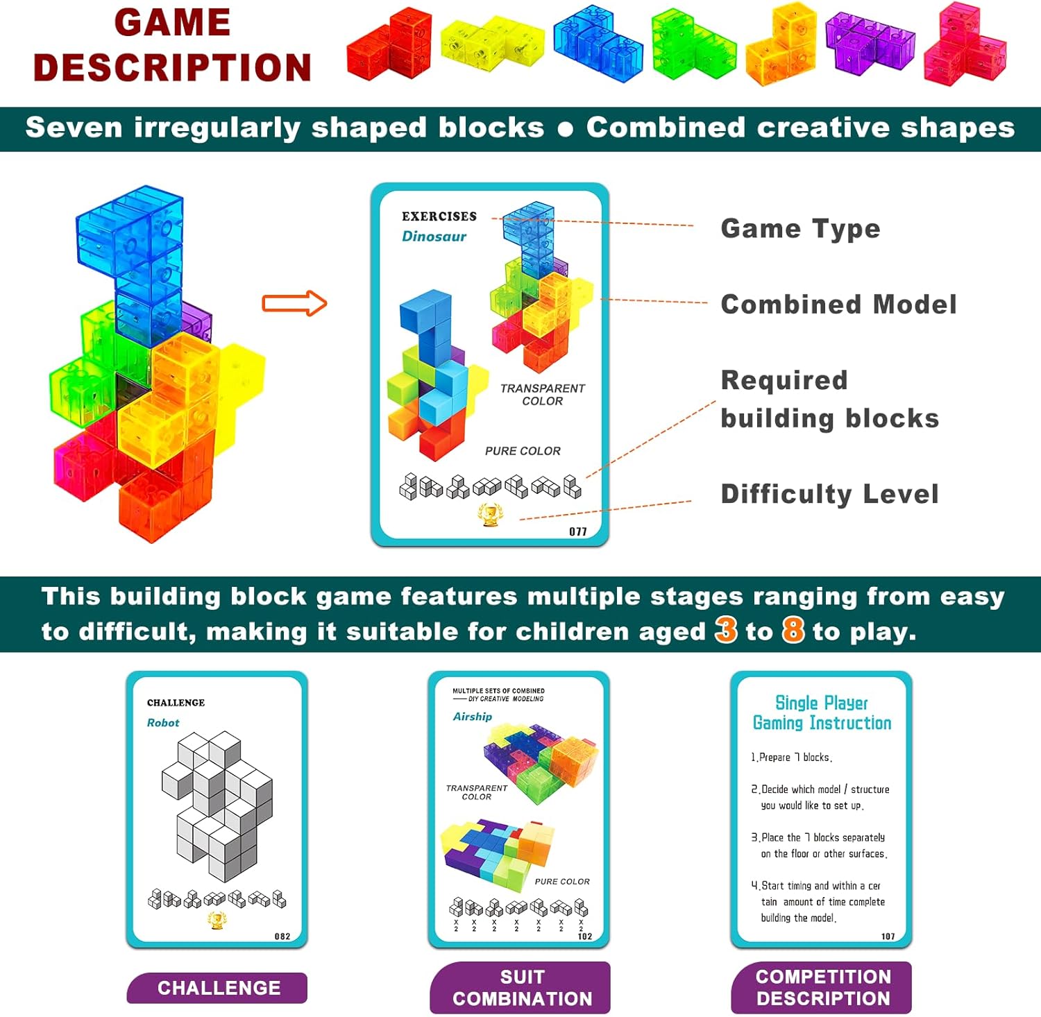 Magnetic Building Blocks Magic Magnetic 3D Puzzle Cubes, Set of 7 Multi Shapes Magnetics Blocks with 54 Guide Cards, Children's Educational Toys and Stress Relief Fidget Toys for Kids Adults - Image 5