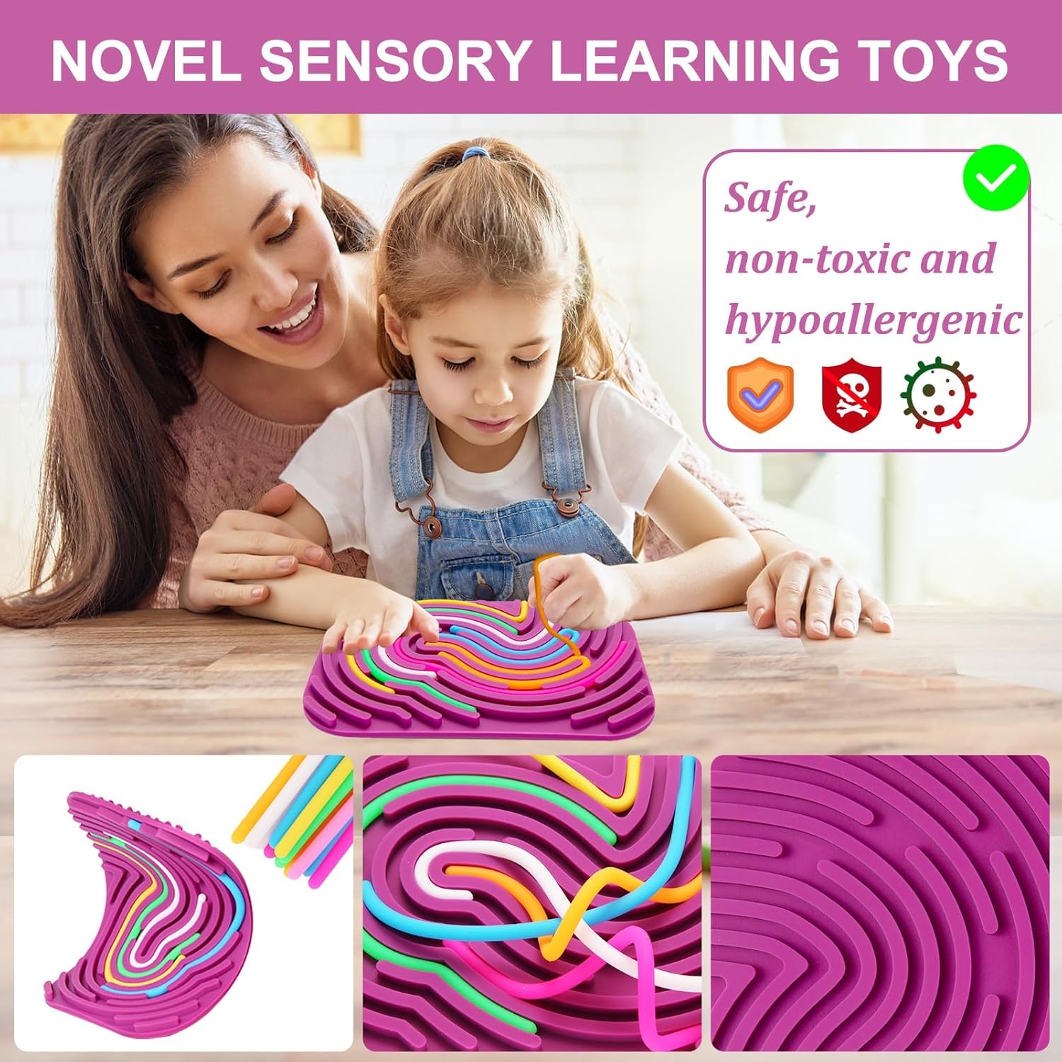 Sensory Activity Board - Double-Sided Silicone Fidget Toy Busy Board for Fine Motor Skill Silicone Calm Down Toy for Stress, Anxiety, ADHD & Autism, Kids 3+ & Adults Activities for Travel(Rectangle) - Image 6