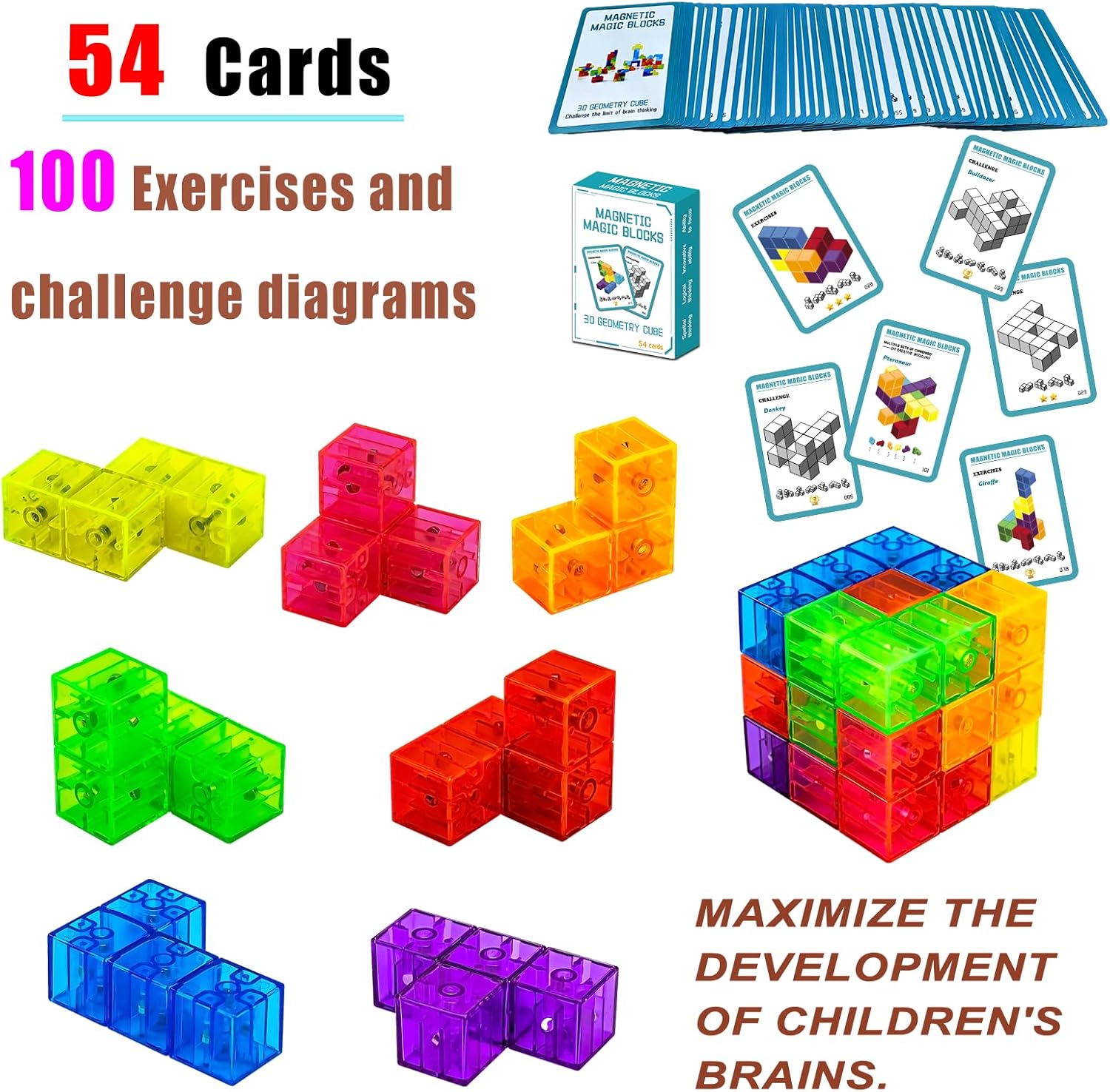 Magnetic Building Blocks Magic Magnetic 3D Puzzle Cubes, Set of 7 Multi Shapes Magnetics Blocks with 54 Guide Cards, Children's Educational Toys and Stress Relief Fidget Toys for Kids Adults - Image 8