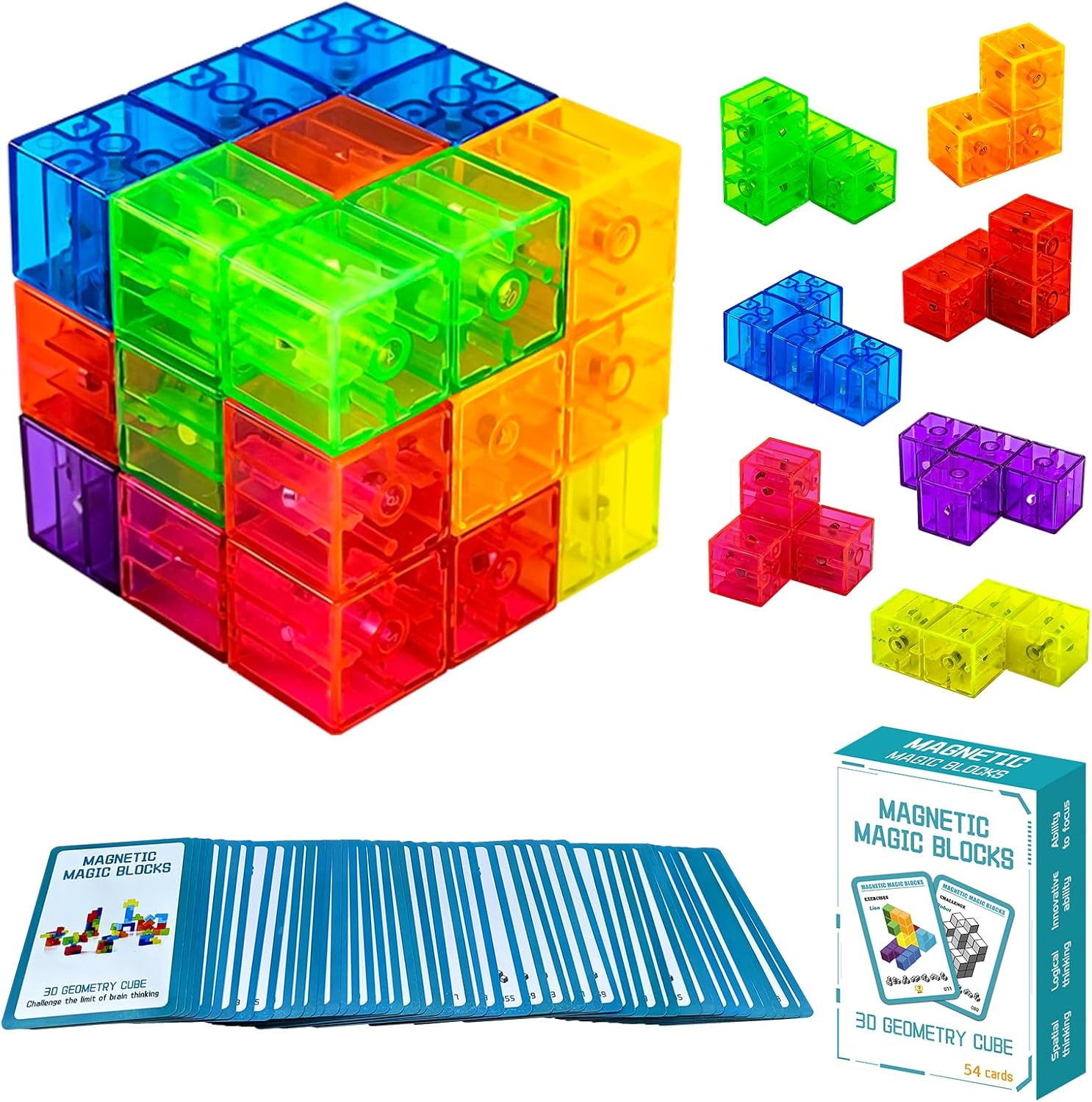Magnetic Building Blocks Magic Magnetic 3D Puzzle Cubes, Set of 7 Multi Shapes Magnetics Blocks with 54 Guide Cards, Children's Educational Toys and Stress Relief Fidget Toys for Kids Adults - Image 2