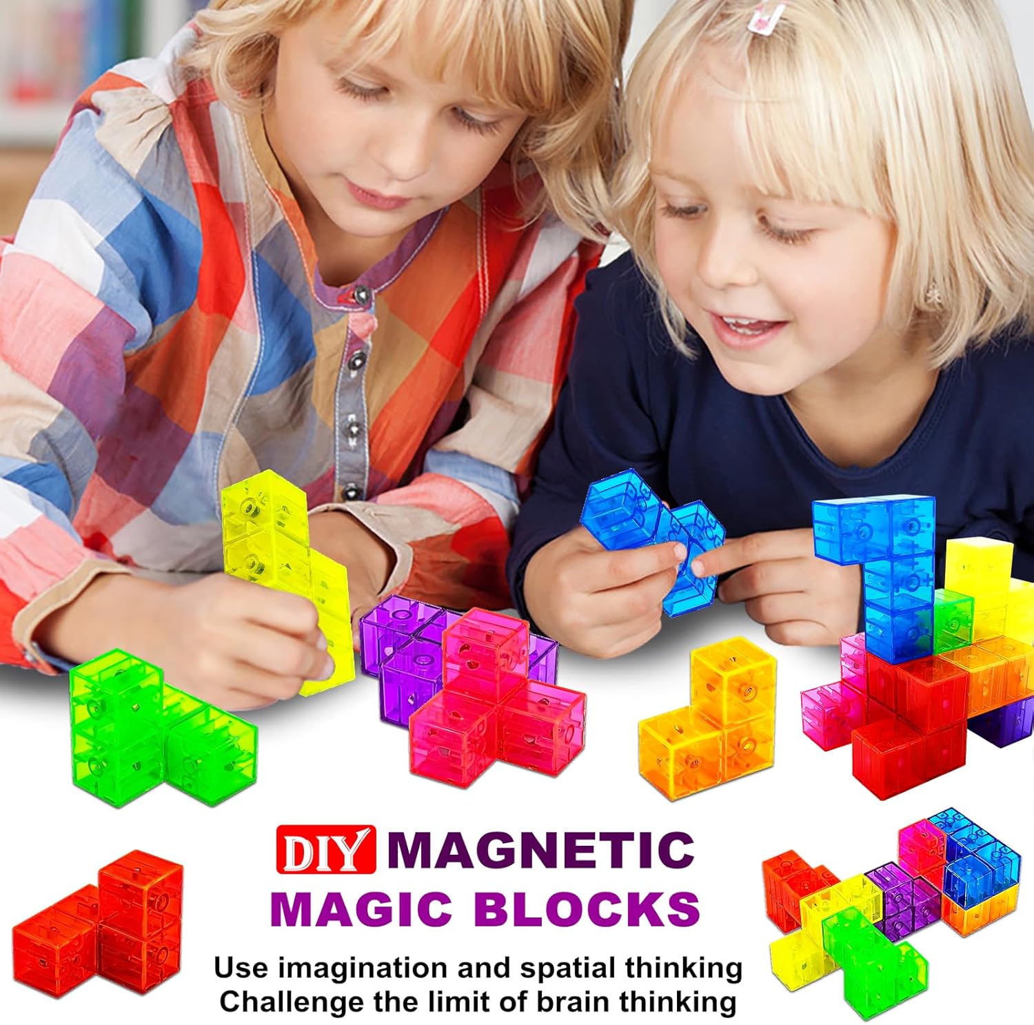 Magnetic Building Blocks Magic Magnetic 3D Puzzle Cubes, Set of 7 Multi Shapes Magnetics Blocks with 54 Guide Cards, Children's Educational Toys and Stress Relief Fidget Toys for Kids Adults - Image 4