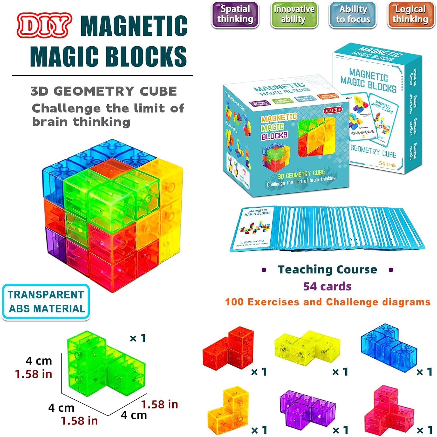 Magnetic Building Blocks Magic Magnetic 3D Puzzle Cubes, Set of 7 Multi Shapes Magnetics Blocks with 54 Guide Cards, Children's Educational Toys and Stress Relief Fidget Toys for Kids Adults - Image 7