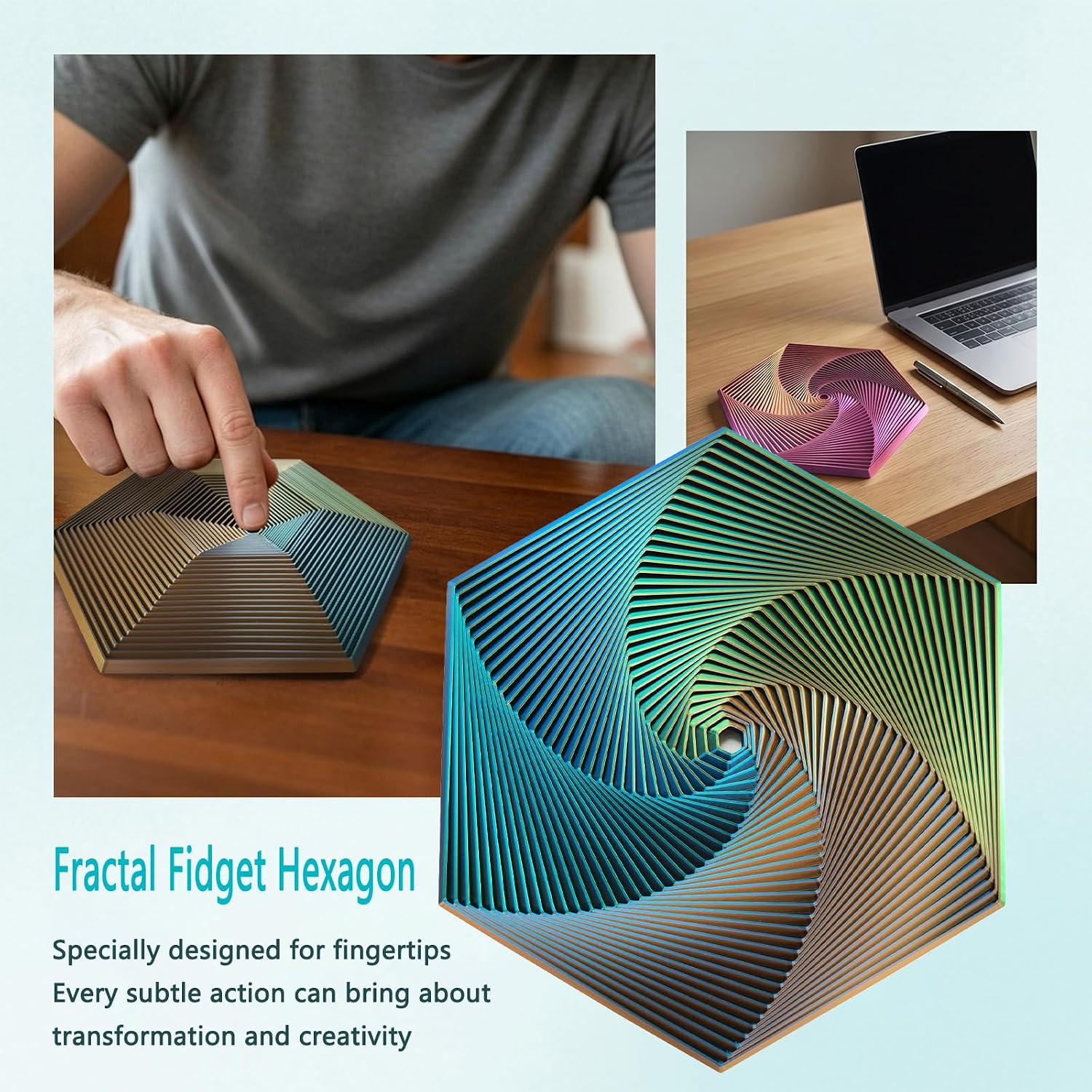 Fractal Fidget Toys, Kinetic Desk Spinning Toy, 35 Circles、5.9x6.69in, Used for Anxiety Disorder ADHD, Adult Office Visual Illusion fingertip Toys (Blue-Yellow-Violet) - Image 4