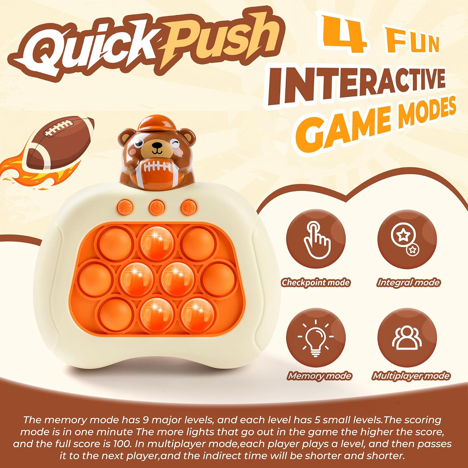 Bear Pop Push Game Fidget Console Toys for Kids Adults,Quick Push Pop Bubble Up Gifts,Handheld Light Up Fidget Sensory Puzzle Toy for Boys Grils Teens Age 3-12 - Image 3