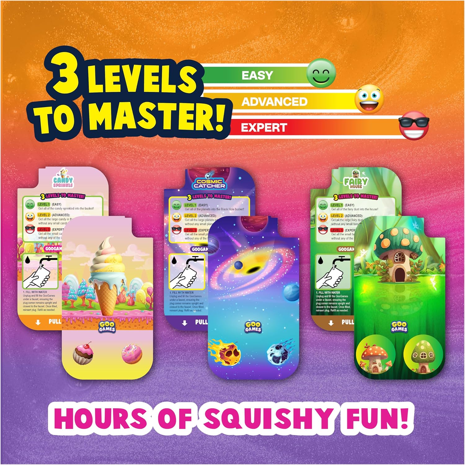 GooGames, Hand-Held Water Games with Floating Treasures, Sensory Fidget Game Adventures, Non-Toxic, No-Mess, Mesmerizing Glitter Fun, 3 Game Cards Included, Refillable, Perfect Travel Toy! (Candies) - Image 6
