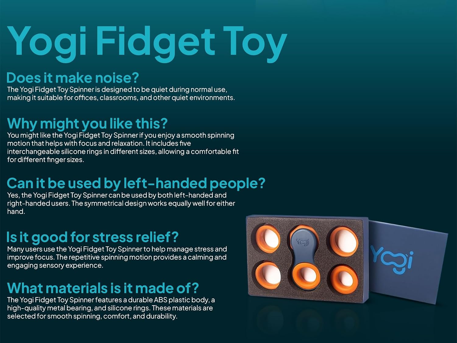 Yogi Fidget Toy for Adults & Kids, Stress Relief Spinner, 5 Silicone Rings - Image 6