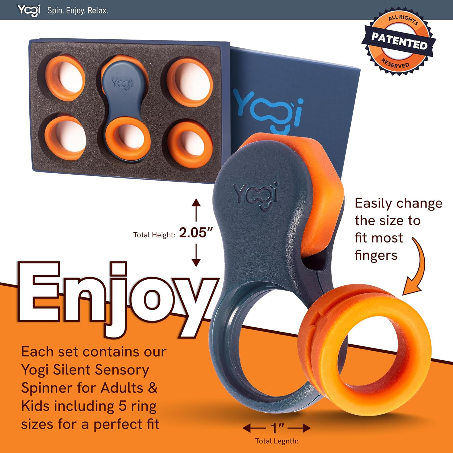 Yogi Fidget Toy for Adults & Kids, Stress Relief Spinner, 5 Silicone Rings - Image 5