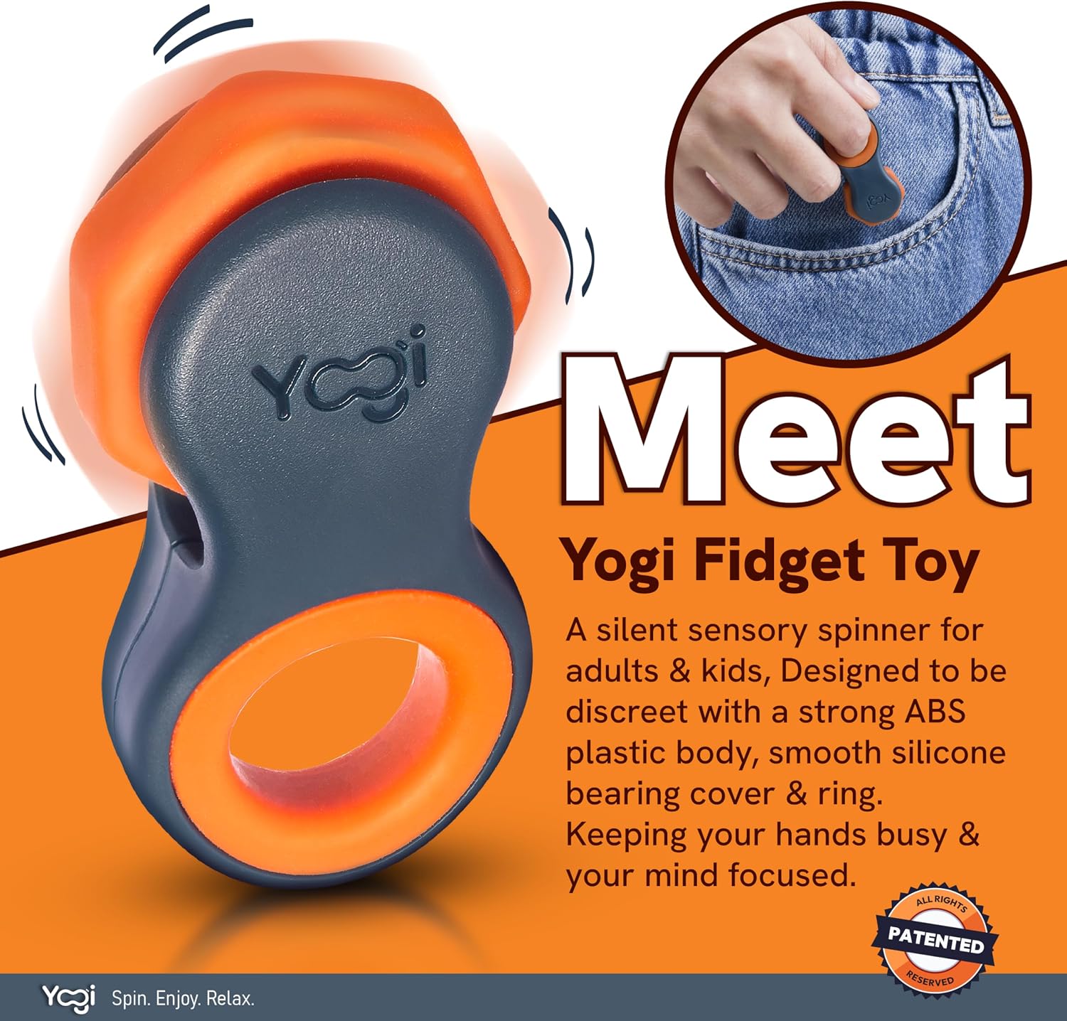 Yogi Fidget Toy for Adults & Kids, Stress Relief Spinner, 5 Silicone Rings - Image 2